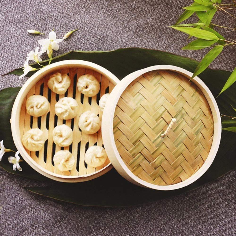3-poziomowy bambusowy kosz do gotowania na parze chiński organiczny drewniany parowar z pokrywką, do pierogów, warzyw, ryb, ryżu, 30 cm - 30 cm