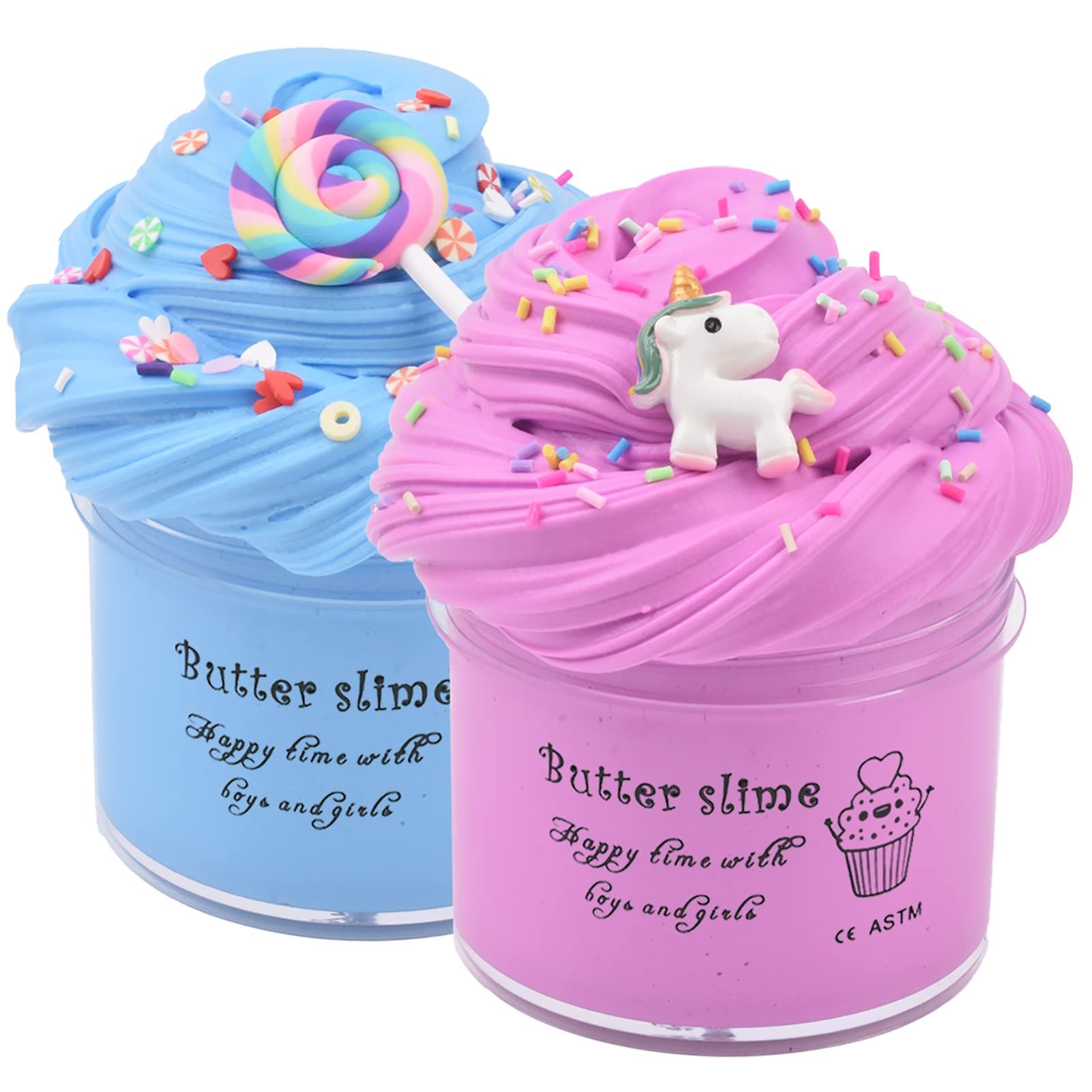 2 Pack Butter Slime Pink Purple Blue Candy Slime with Unicorn Slices Holiday Birthday Gift for Kids Cotton Mud Premade Slime Kit Scented Stress Relief Toys Gift for Girl Boy