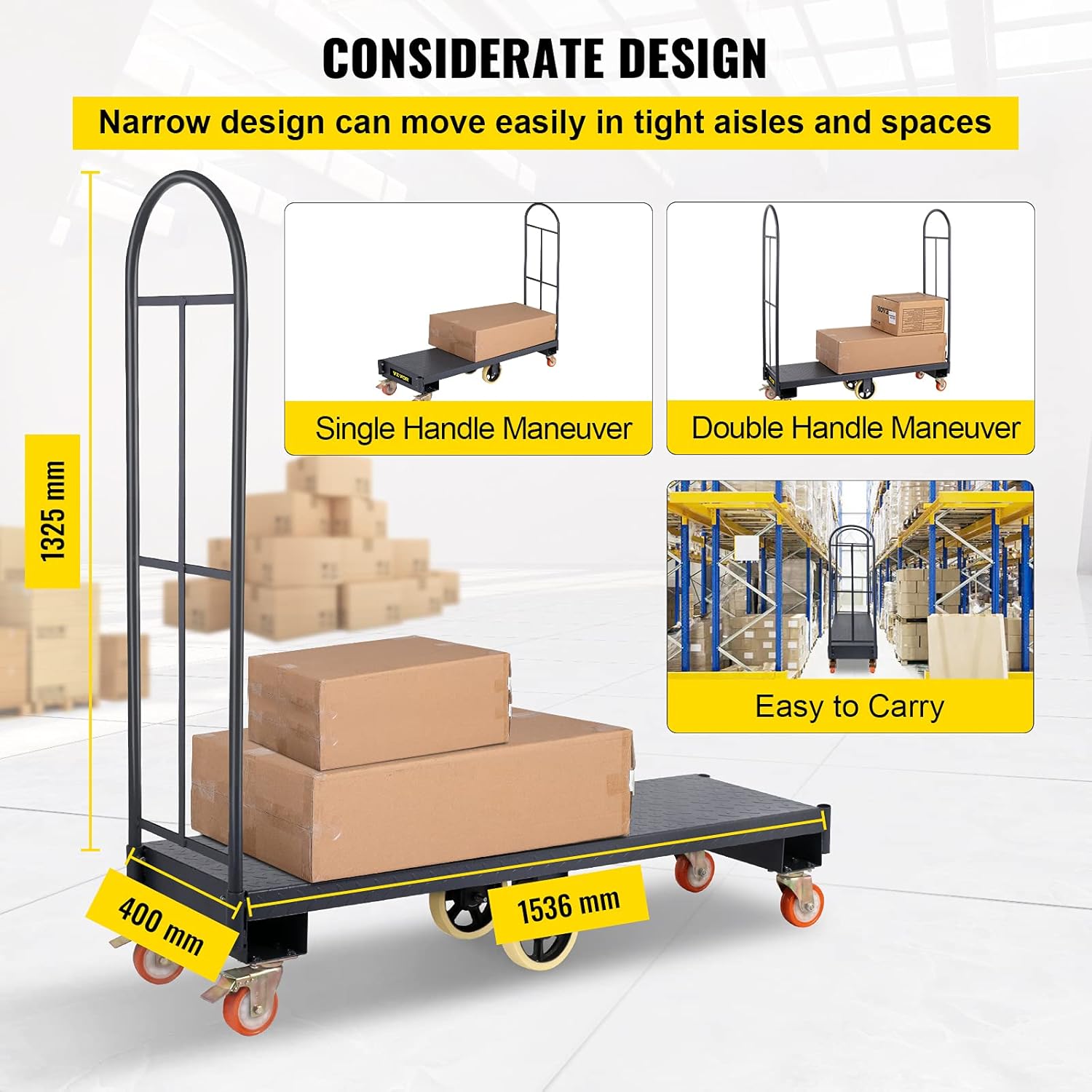VEVOR 63" L x 16" W x 61" H U-Boat Cart, 2000LBS Capacity U-Boat Platform Truck Dolly, U-Boat Truck Steel with Removable Handles : Industrial & Scientific