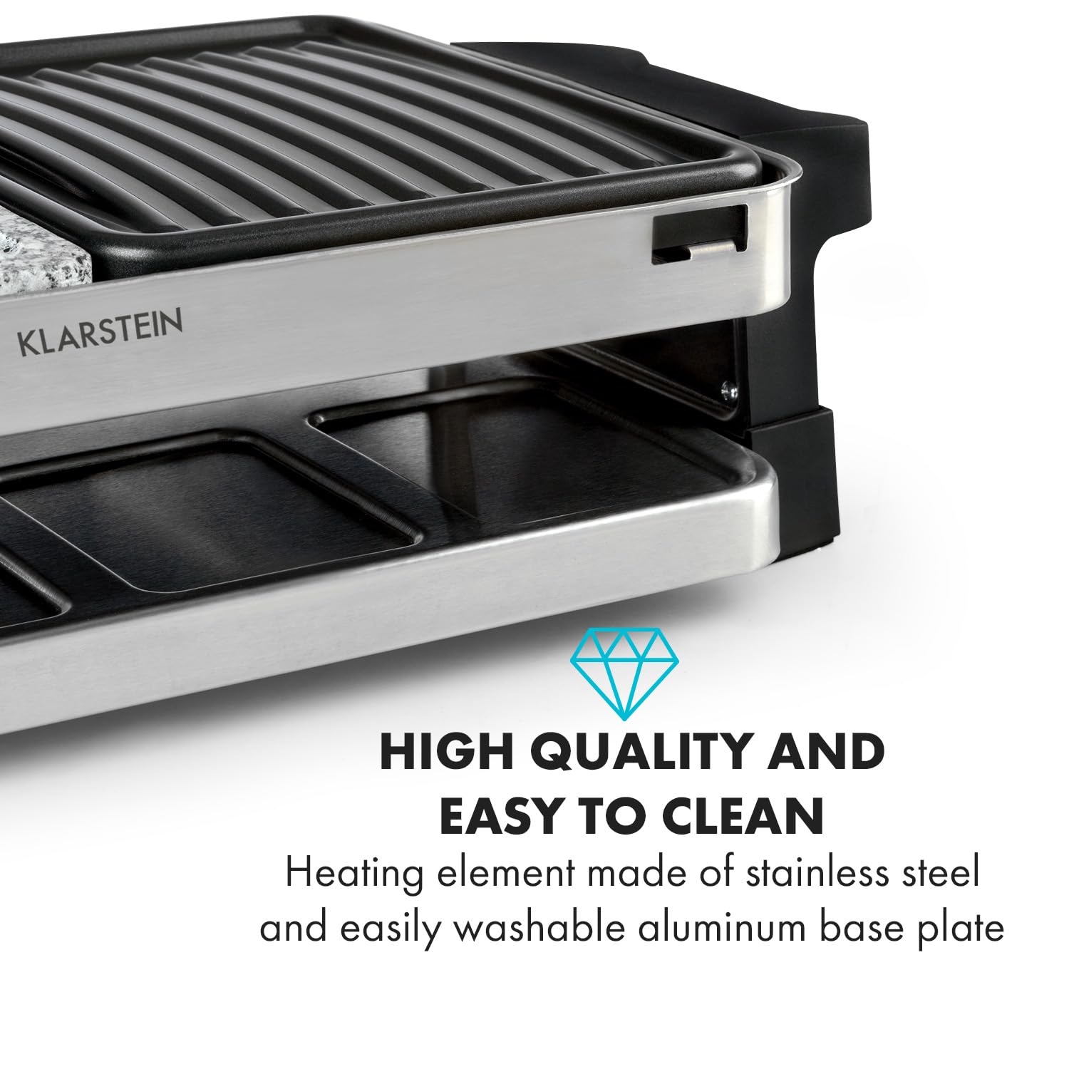 Klarstein Sirloin Grill para raclette, 1500 vatios, 2 en 1: placa de grill de aluminio y placa de piedra natural, Termostato regulable, para 8 personas, Sartenes de raclette de acero