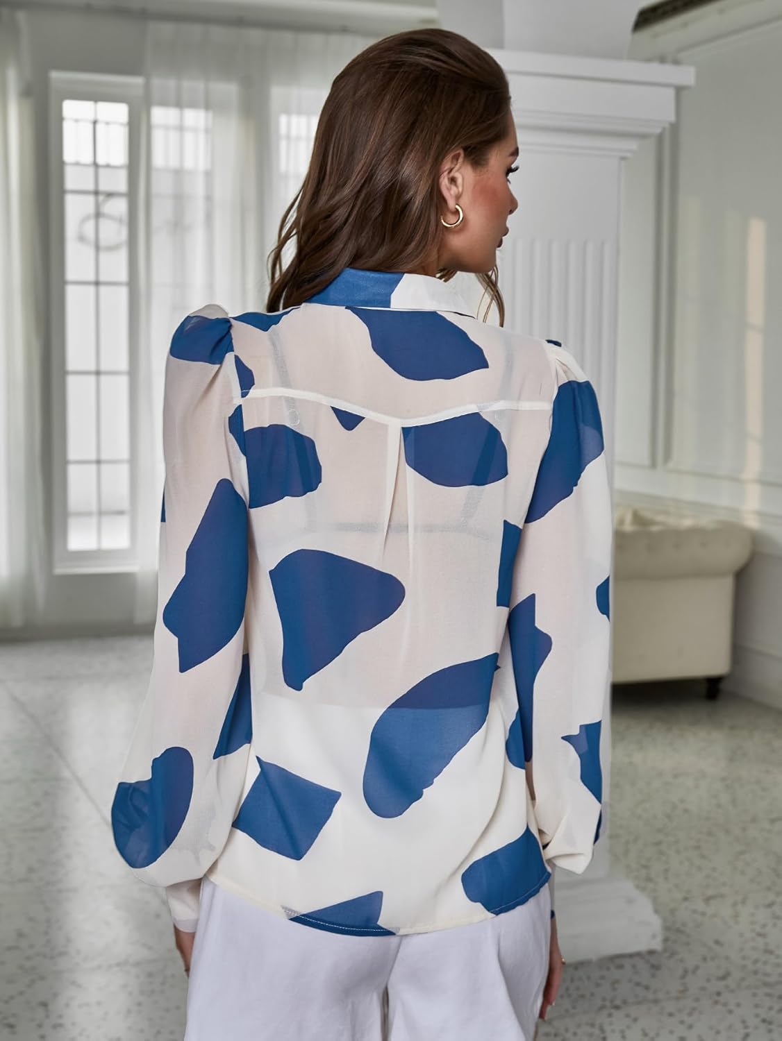 Floerns Women's Button Down Sheer Chiffon Blouse Shirts Long Sleeve Collar See Through Blouse Tops - Image 5