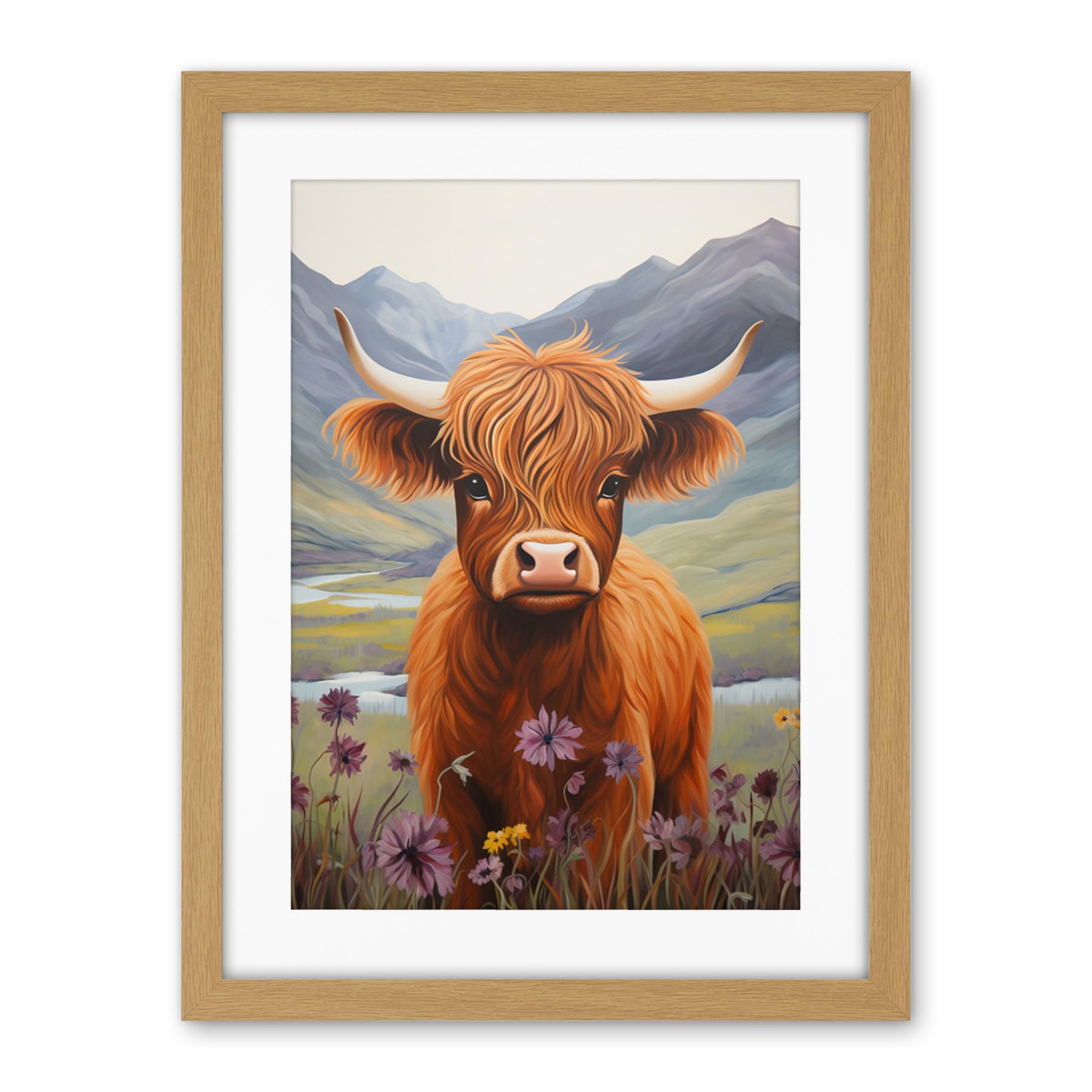 Artery8 Kids Bedroom Nursery Artwork Highland Calf Cow in Heather and Cornflower Glen Scotland Artwork Framed Wall Art Print 18X24 Inch