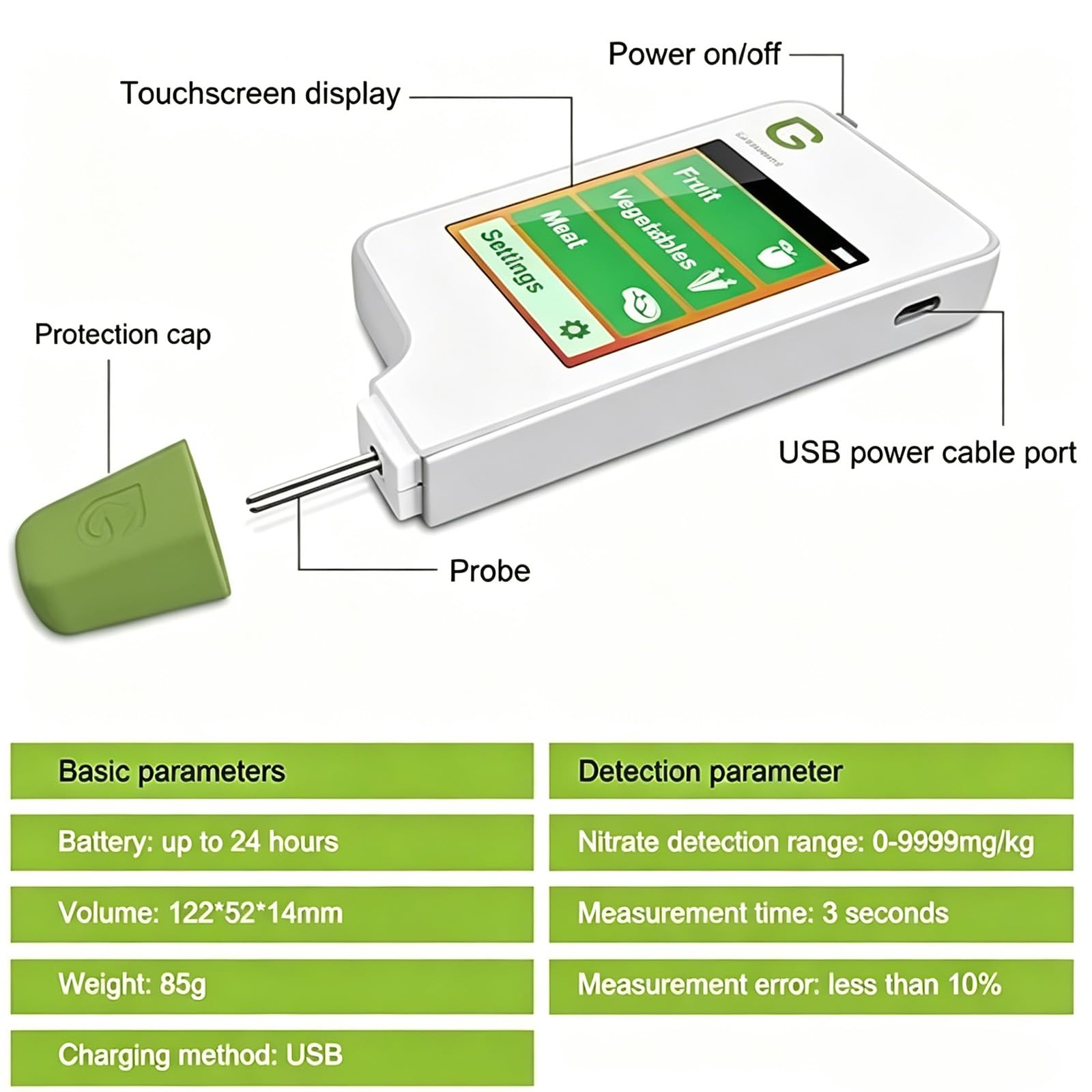 Analizador Digital De Nitratos En Alimentos, Detector De Residuos De Pesticidas para Frutas, Verduras, Carne Y Pescado, Medidor De Tds/ppm De Alta Precisión para La Calidad del Agua Potable,