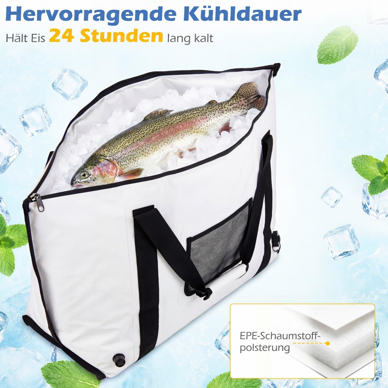 COSTWAY Isolierte Fisch-Kühltasche, Fisch-Tötungstasche für gefangene Fische, tragbare wasserdichte isolierte Angeltaschen, hält EIS kalt über 24 Stunden