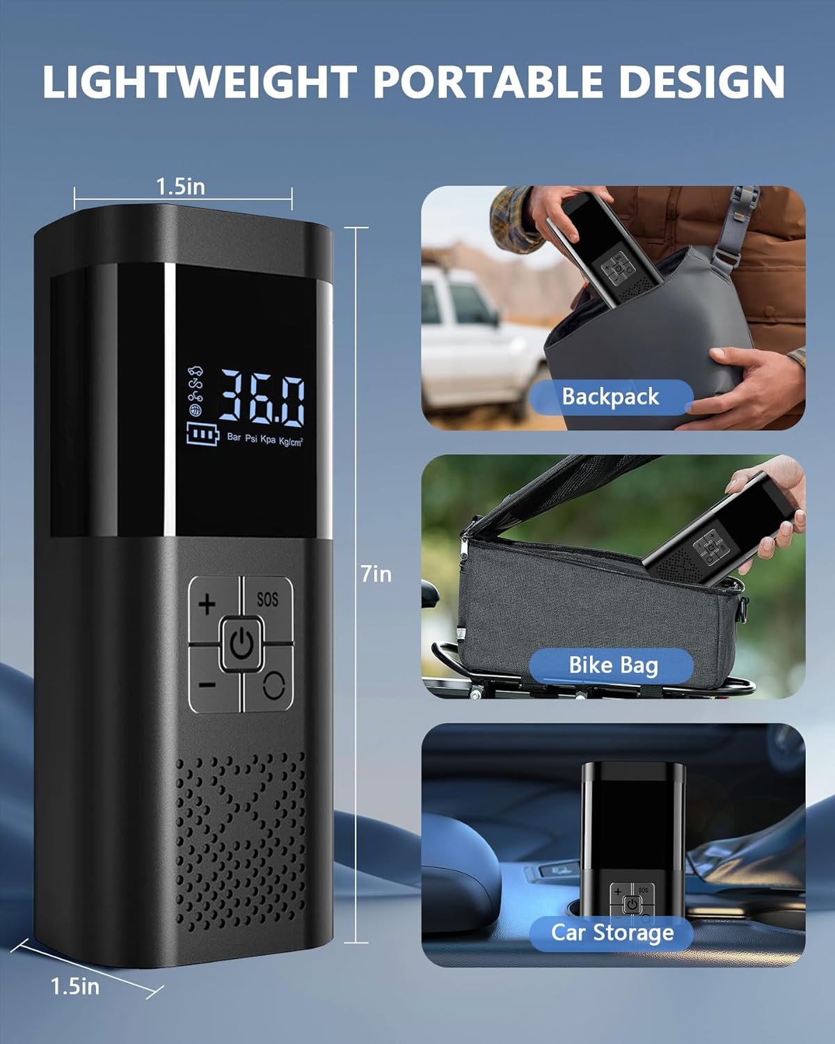 Tire Inflator Portable Air Compressor, Portable Air Pump with Pressure Gauge, Electric Tire Pump Battery 150PSI 12V DC, Cordless Tire Inflator with LED for Car Motorcycle Bicycle Ball - Image 6