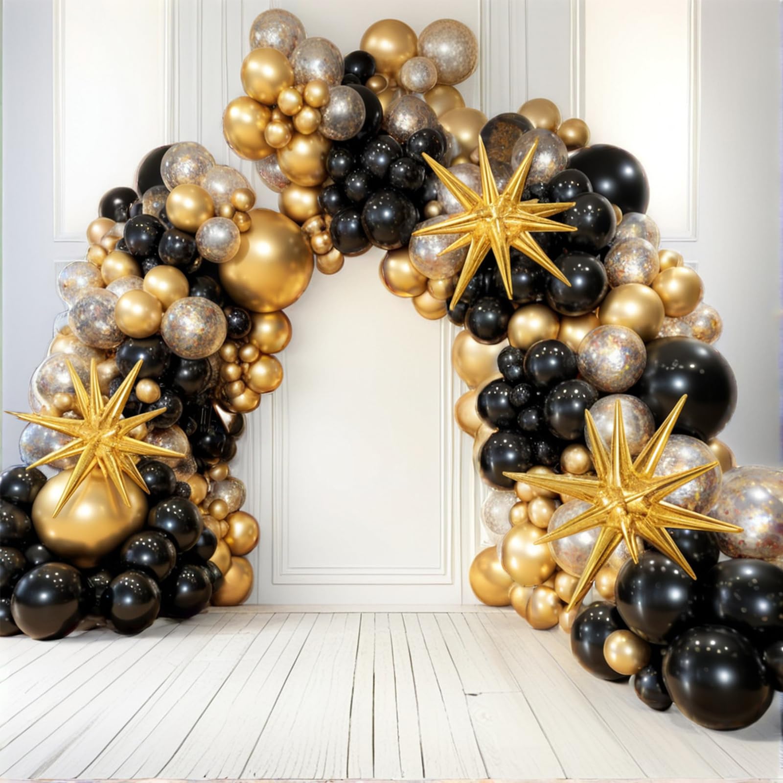 PartyWoo Black and Gold Balloon Arch Kit Garland 140pcs Different Sizes of 18 12 10 5 Inch Black Metallic Gold Confetti 22 Inch Star Balloons for