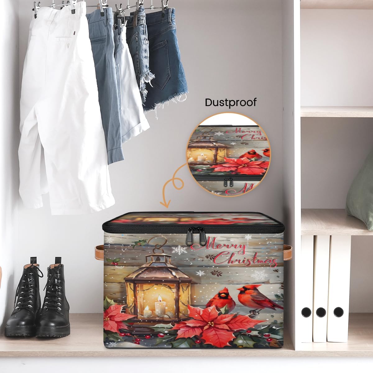 Storage Bin Set of 2 Christmas Birds Berry Storage Basket with Zipper Lid & Handle Foldable Closet Shelf 2 Pack Cloth Organizer Basket Cube Bins for Bedroom, Nursery