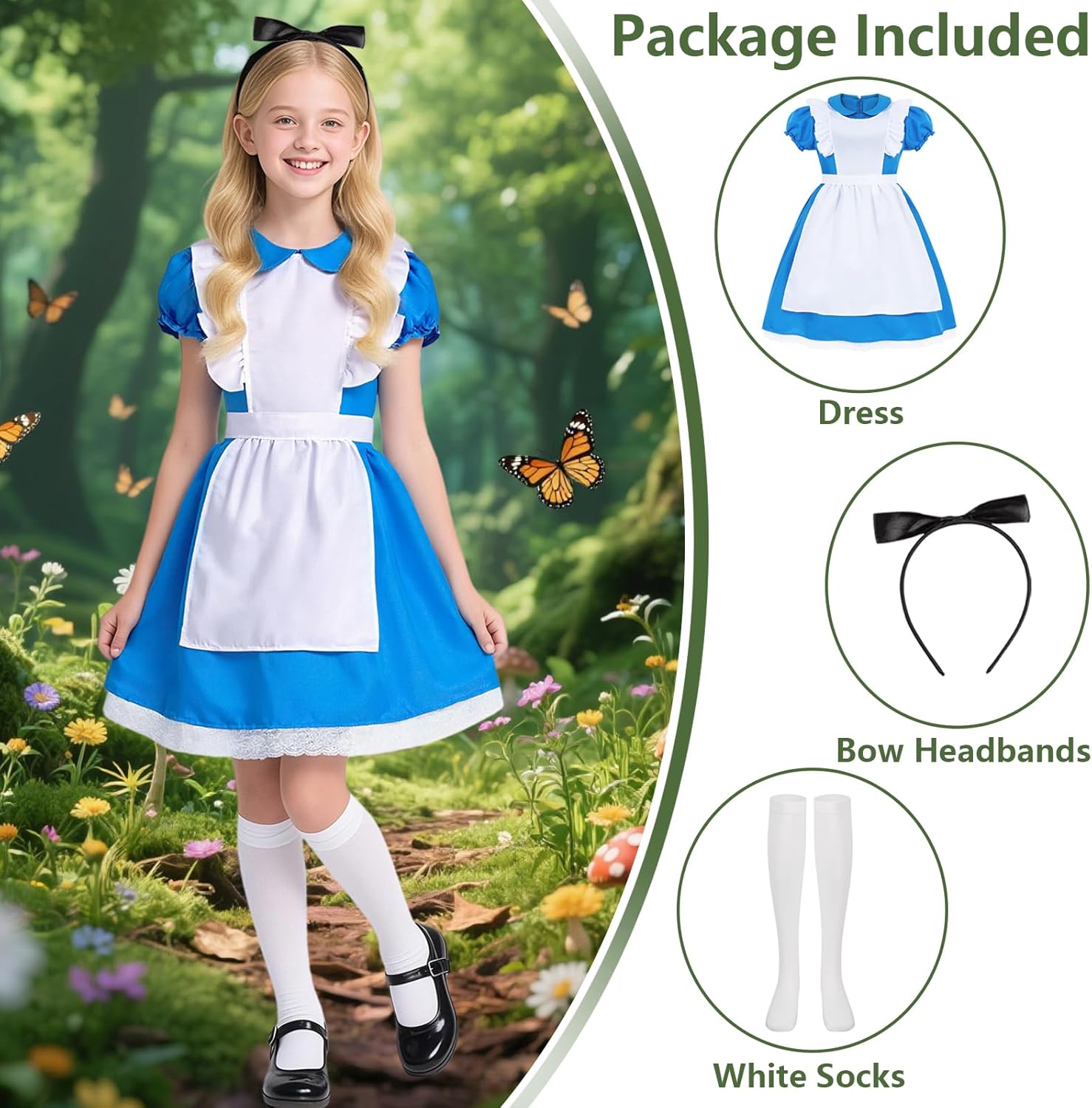 Kids Blue Dress Costume for 3-14 Years Girls Halloween Princess Costumes with Socks Hairband - Image 2