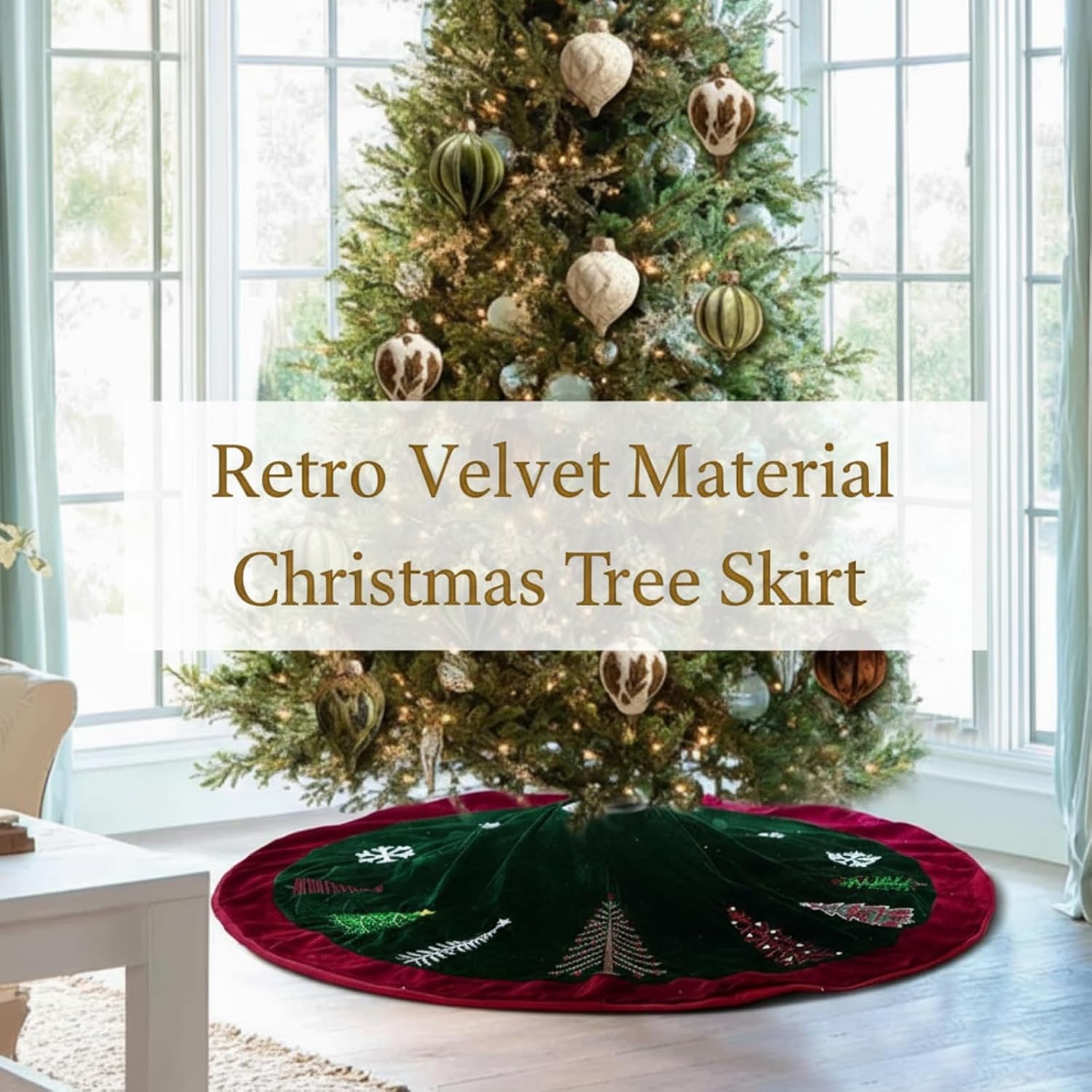 Soulchen 48 Inch Velvet Christmas Tree Skirt Dark Red and Green Large Plush Fur Skirt with Xmas Pine Tree Snowflake Embroidered for Vintage Farmhouse Rustic Holiday Party Decorations