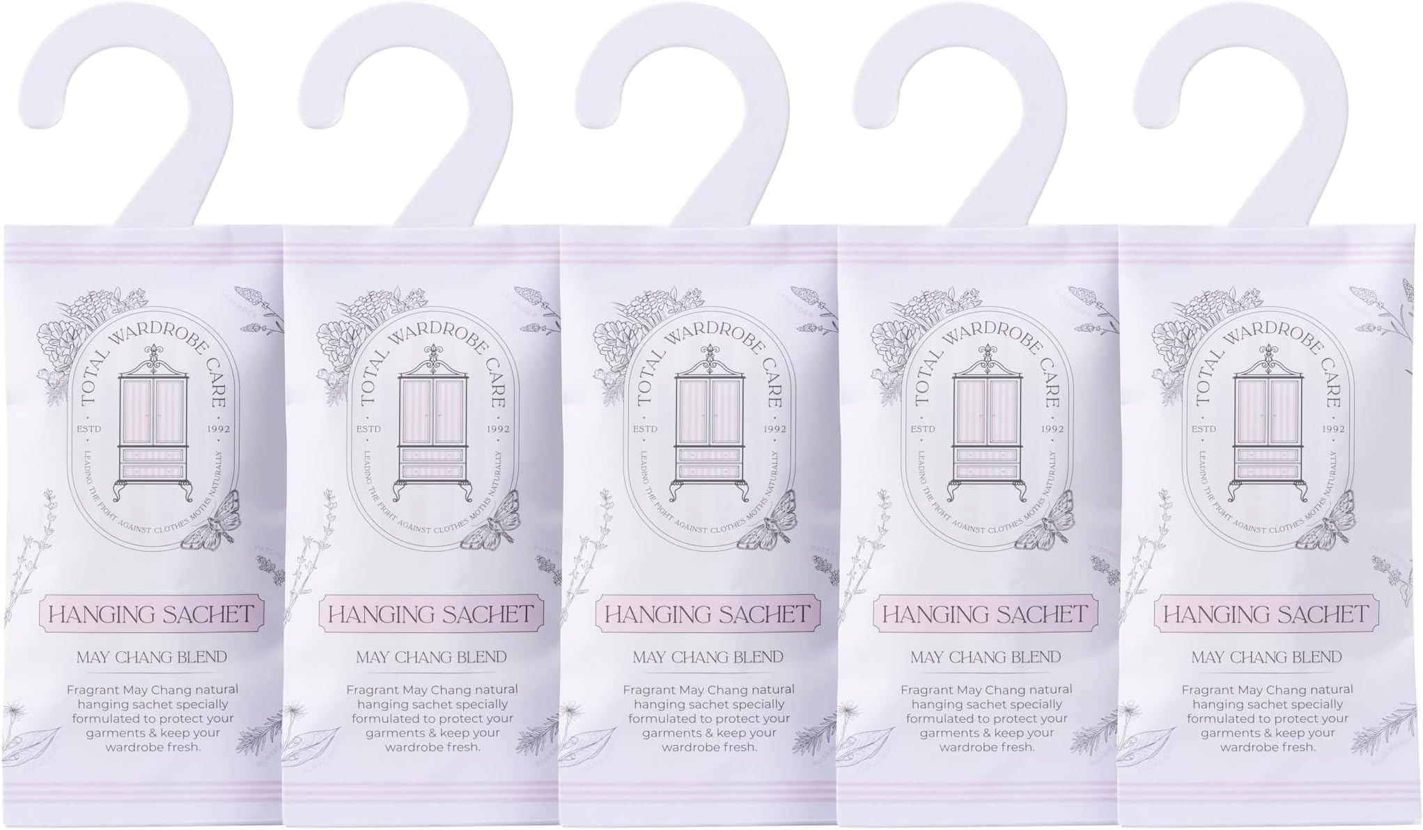 Total Wardrobe Care Valeting & Storage 5x Natural Hanging Fresheners Sachets With Essential Oil Blend Of May Chang, Lavender, Cedar Wood, Rosemary And More. Moth Repellent And Air Freshener For