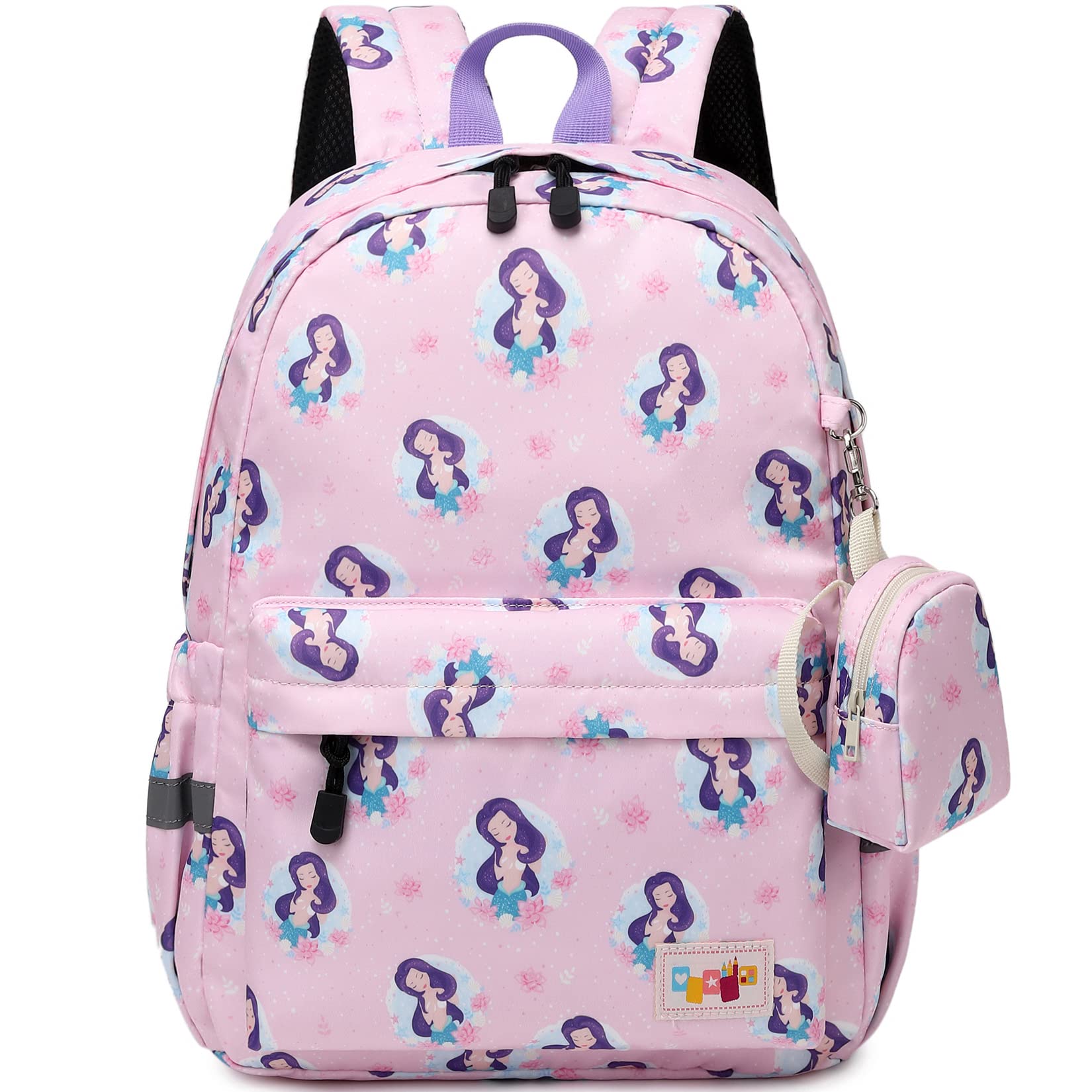 MIRLEWAIY Little Kids Backpack Preschool Cute Girls Kindergarten School Bag with Coin Pouch, Mermaid with Purple Hair, Purple