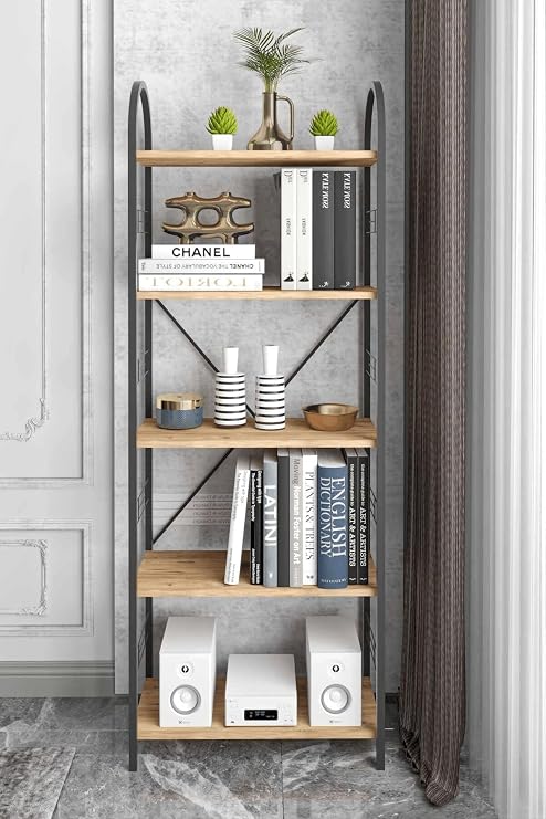 Reyo Falez 5 Geniş Raflı Kitaplık Metal Çerçeveli Modern Raf Çalışma Odası Ofis Salon Kitaplığı Evrak Rafı 180 cm Atlantik Çam