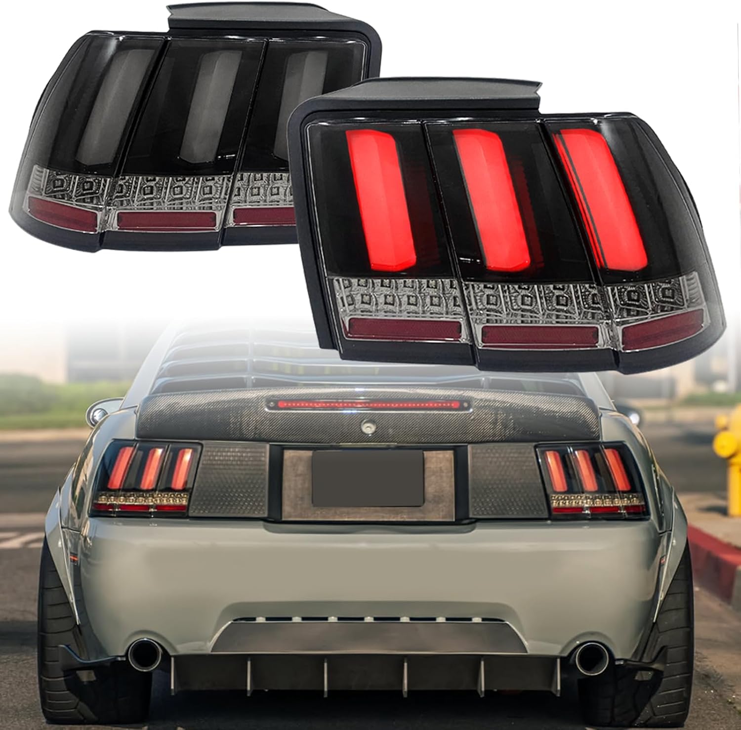 Tail Light Compatible With 1999-2004 Ford Mustang, Smoke Black Sequential LED Bar Taillights, Left and Right Pair Assembly
