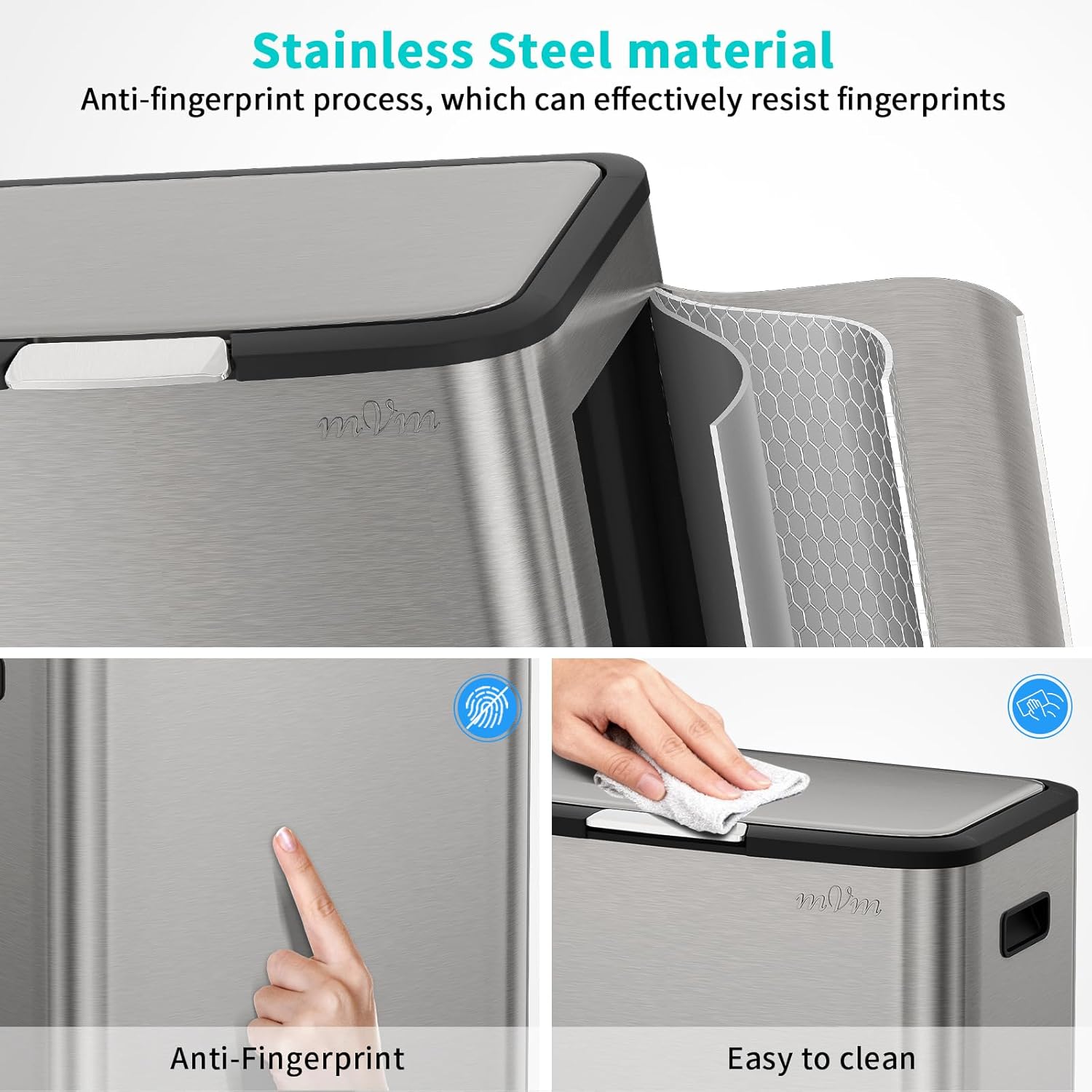 mVm Kitchen Trash Can,16 Gal Large Trash Can +1.3Gal Small Compost bin,Garbage Cans with Lid,Anti-Fingerprint,with Inner Bucket Stainless Steel Trash Can for Kitchen,Living Room (Metallic Gray)