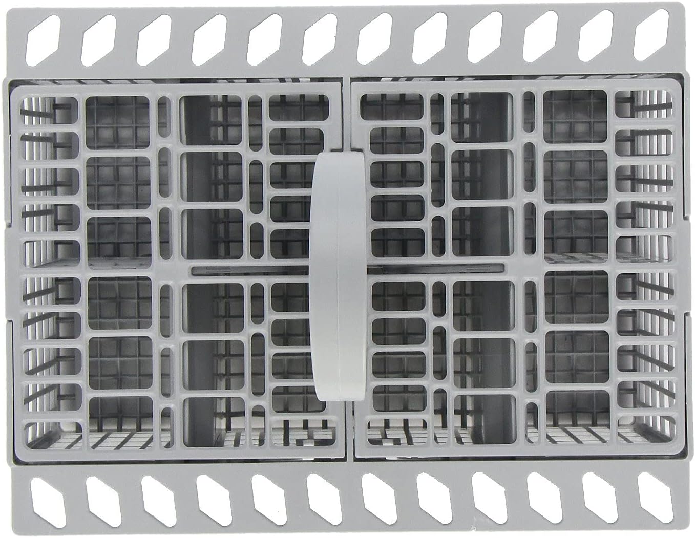 Side view of the cutlery basket with lids open