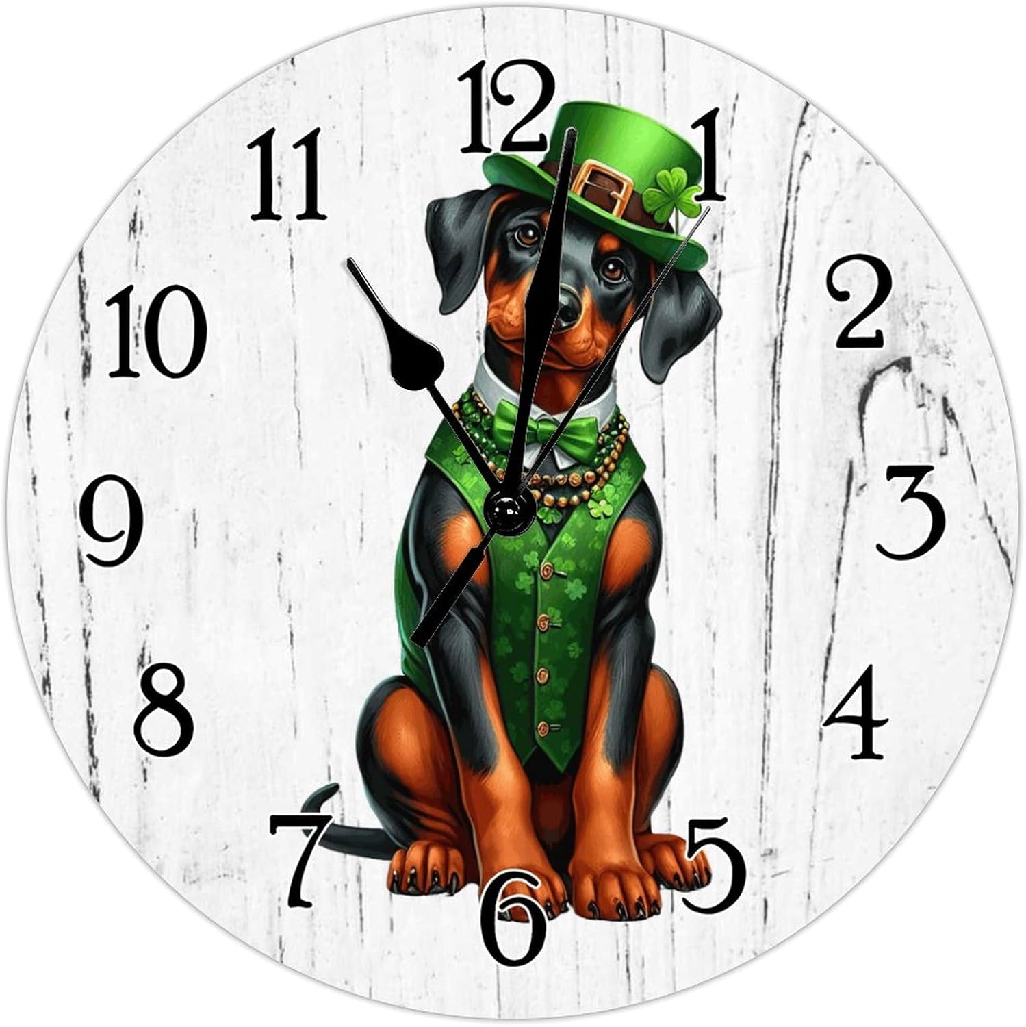 Doberman Pinscher Dog St. Patrick's Day Clocks Doberman Pinscher Dog Green Leprechaun Hat Leaf Decorative Clock Dog Owner Gift Round Wooden Wall Clocks Non-Ticking Wall Clock 15x15in