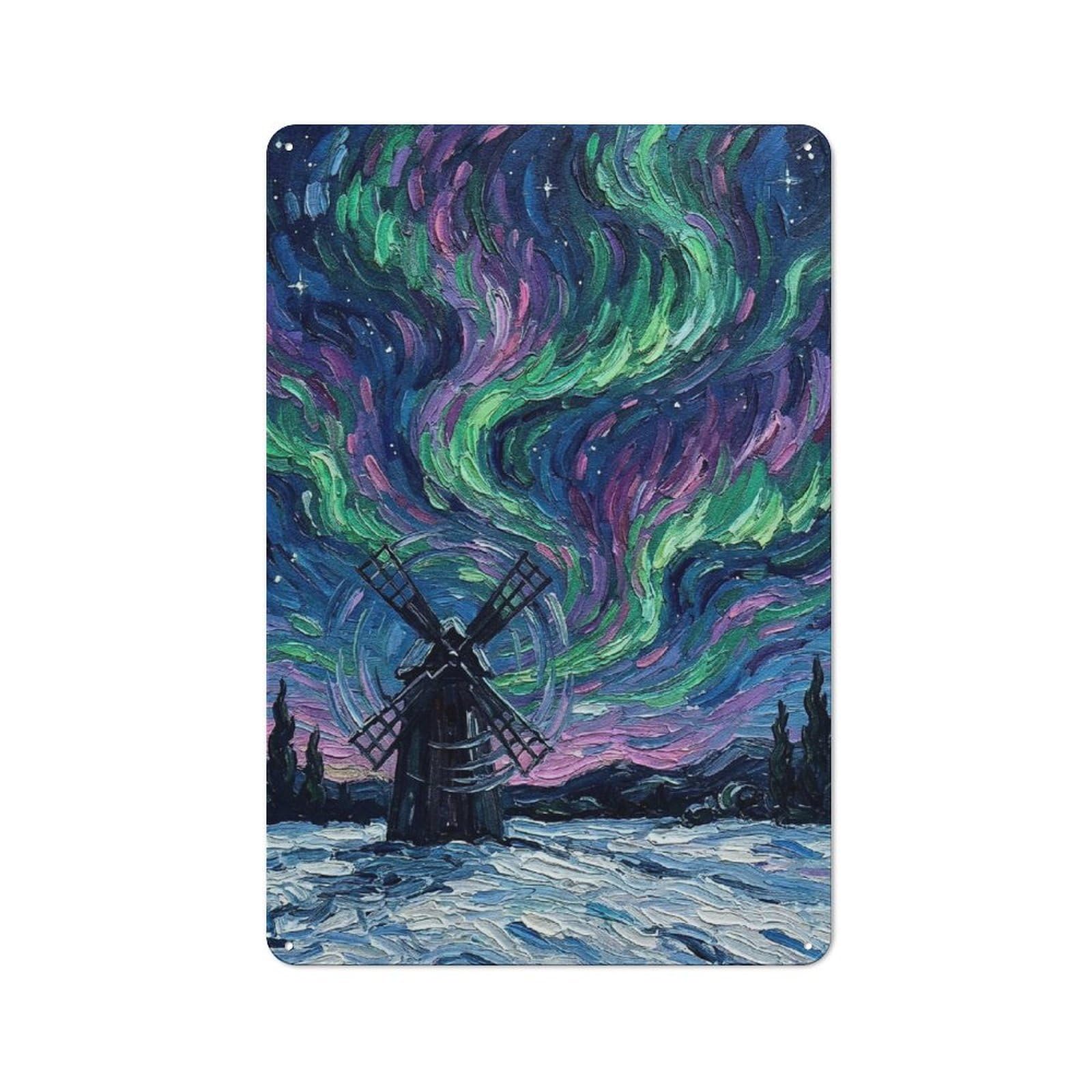 Junmoney Style-19 Tin Wall Plaque 30X20cm With Windmill Under Northern Lights For Hallway Wall, A Decorative Metal Sign For Hallways And Entrance Areas