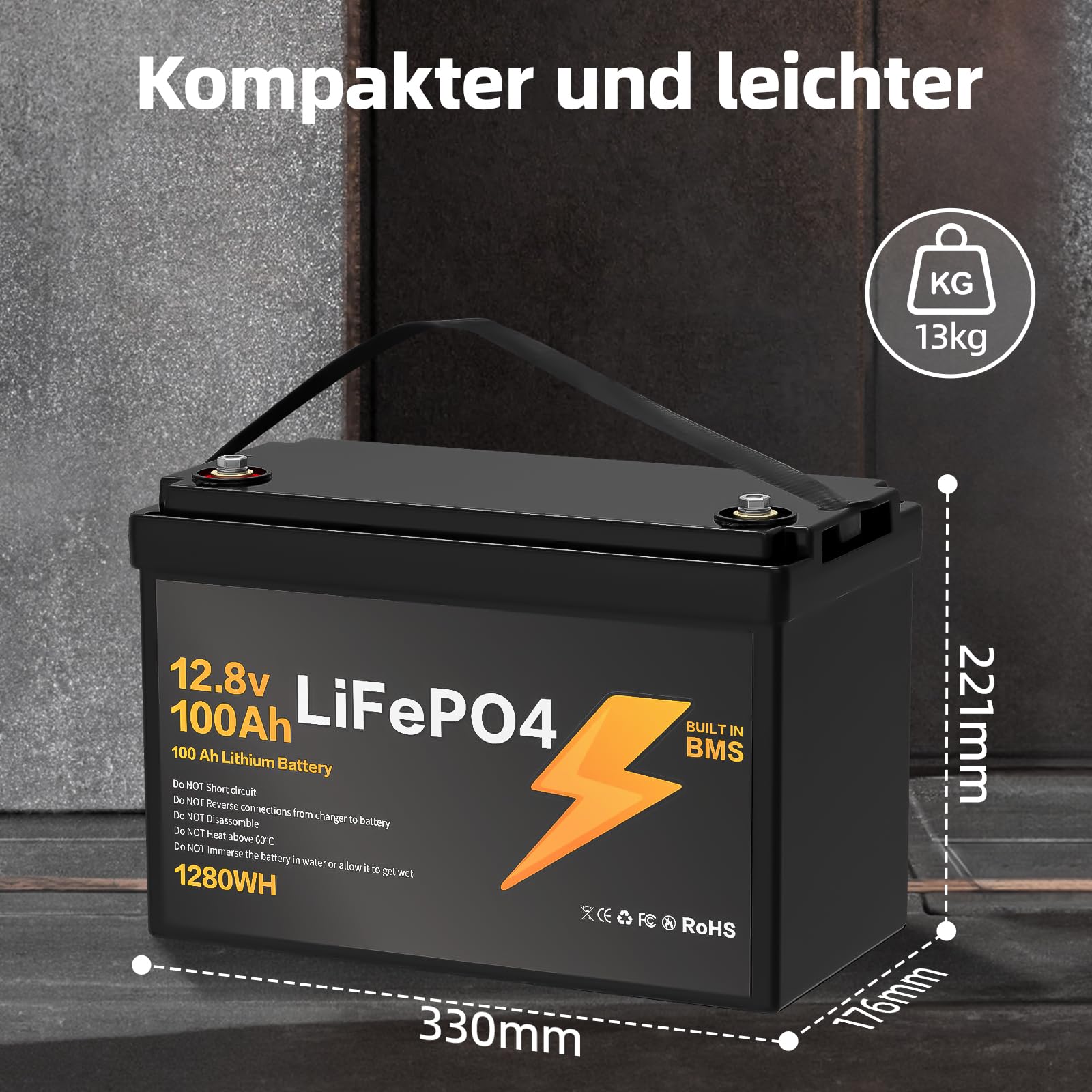 12V 100Ah LiFePO4 Battery, Lithium Battery 1280Wh with 100A BMS, Deep Discharge Proof with Low Temperature Protection IP65, Maximal 4P2S in Reihe und Parallel Schaltbar, 2 Stück