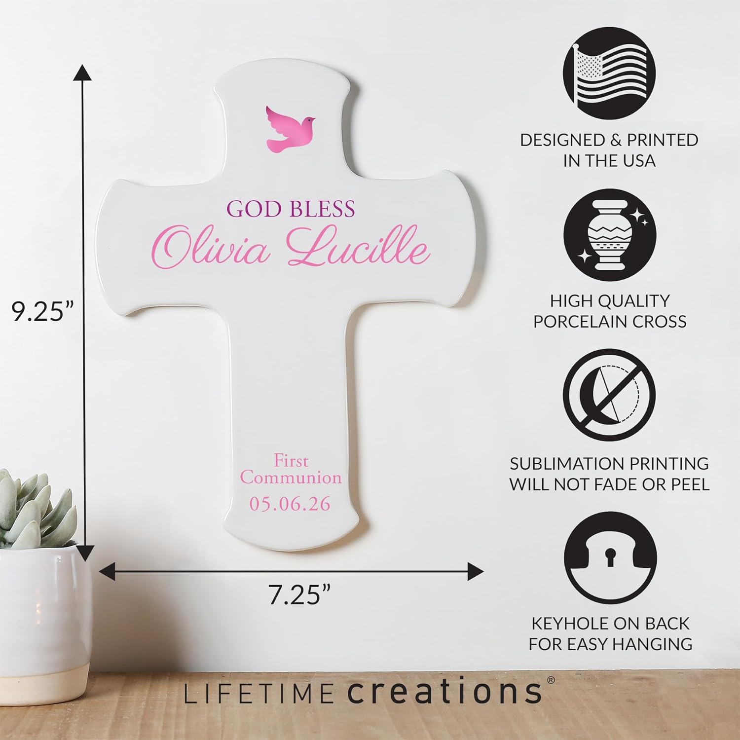 Lifetime Creations First Communion Wall Cross: Personalized 1st Communion Gifts for Girls, Primera Comunion, First Holy Communion Gifts, 9" Pink Porcelain Cross