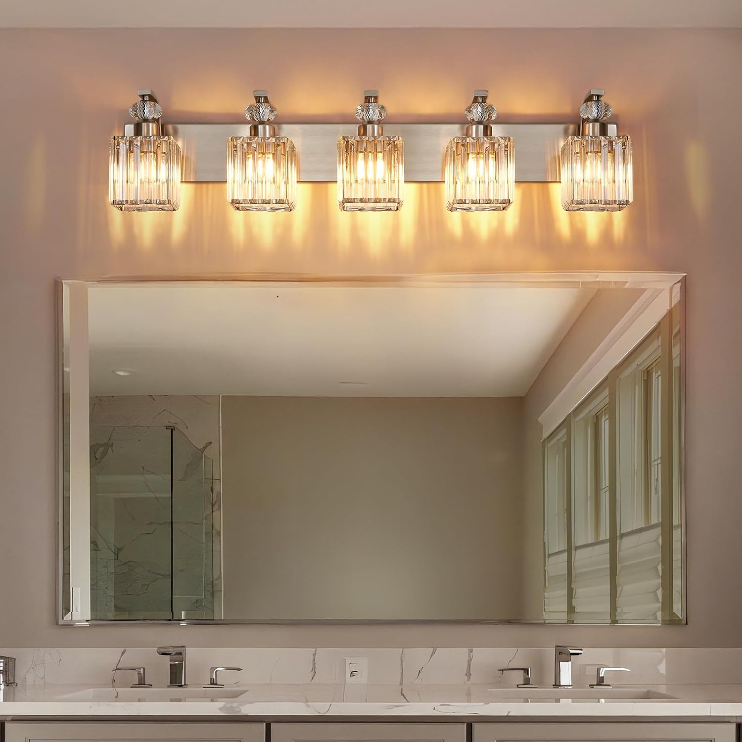 Modern Bathroom Vanity Light, 5-Light Nickel Bathroom Lighting Fixtures Over Mirror, 36.3" Crystal Wall Light Sconce for Bathroom/Bedroom/Vanity, Includes LED Bulbs, Easy Installation