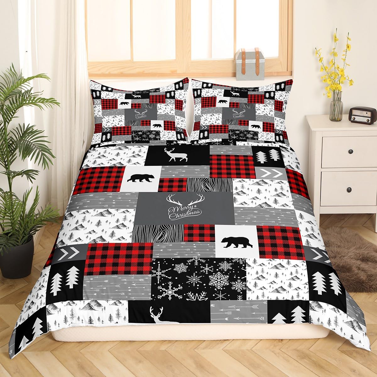 Merry Christmas Kids Duvet Cover Set Full Size,Deer Bear Rustic Farmhouse Bedding Set,Boys Girls Women Room Decor,Snowflake Plaids Patchwork Xmas Comforter Cover,Red Retro Quilt Cover,2 Pillowcases