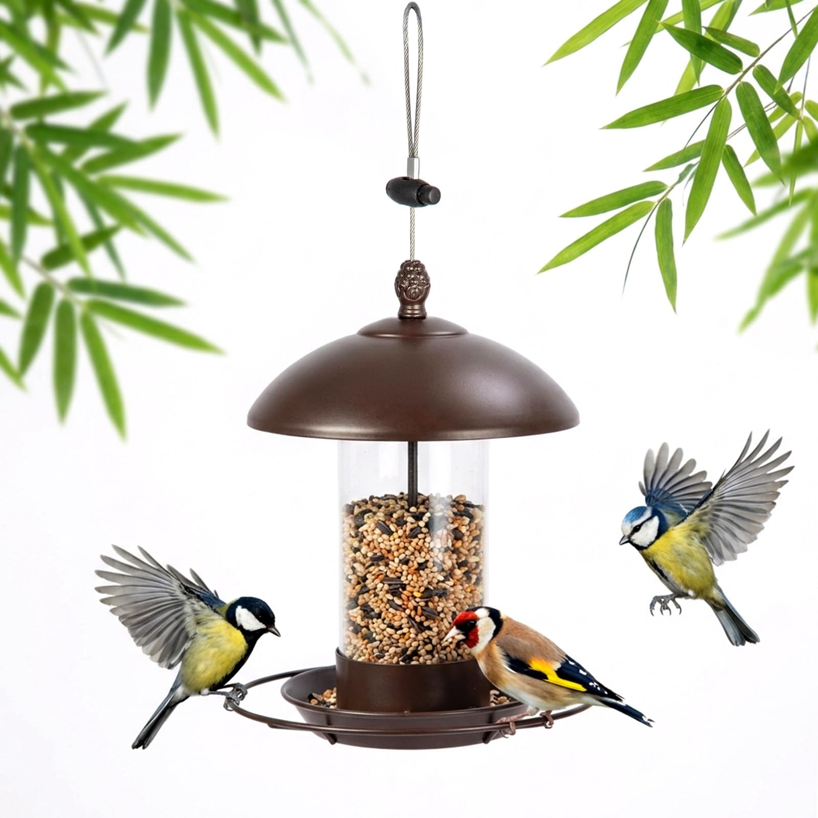 GREENSAPPIRE Bird Feeder, Bird Feeders for Outside Outdoors Hanging, Birds Feeder Adjustable Feeder with Wide Seed Tray and Rainproof Roof, Plastic, for Garden, Backyard, Terrace