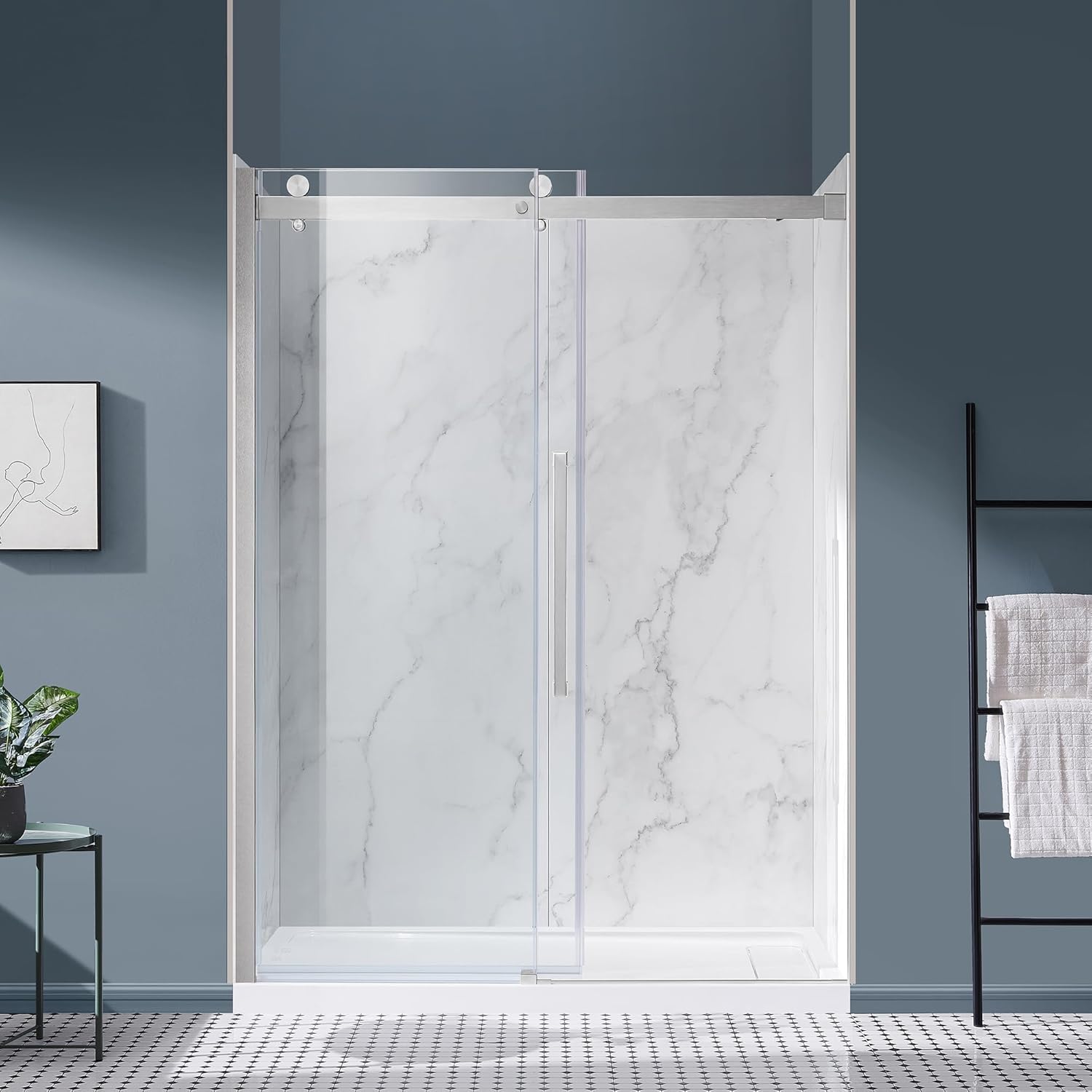 OVE Decors Bel 60-in W x 81-in H Frameless Sliding Shower Door Alcove Shower Kit, Shower Base and Misty Shower Wall Included in Satin Nickel and Clear Glass