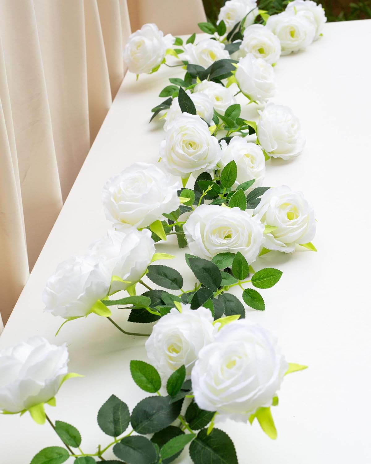 2Pcs 12Ft Bendable Artificial Flower Garland Faux Rose Vine Hanging Floral Garland for Wall Decor Trellis Fence Home Room Garden Wedding Decoration(White, 2pcs)