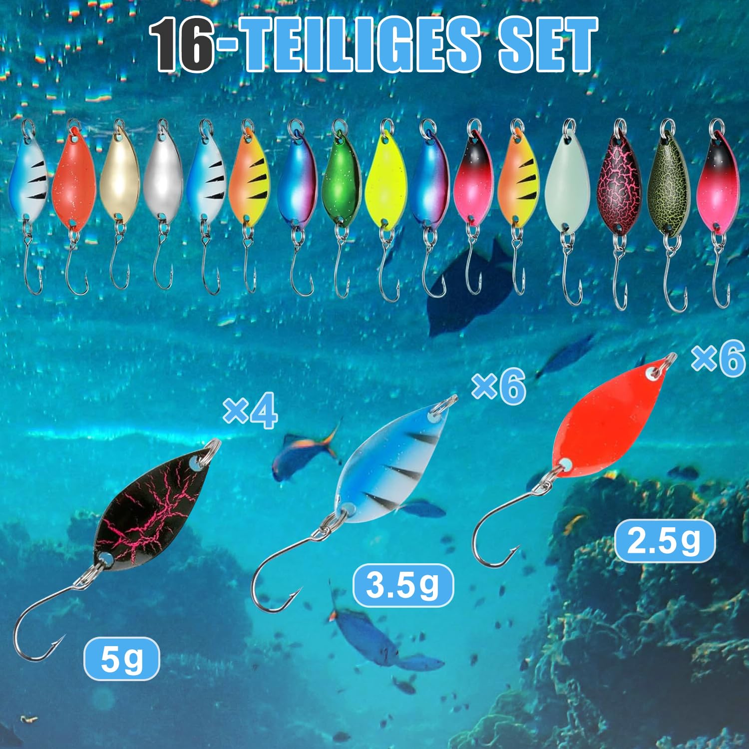 Voarge Set di 16 Mini Cucchiai da Pesca con Astuccio, Esca per Trota in Metallo Duro per Pesce Persico, Trota, Salmone