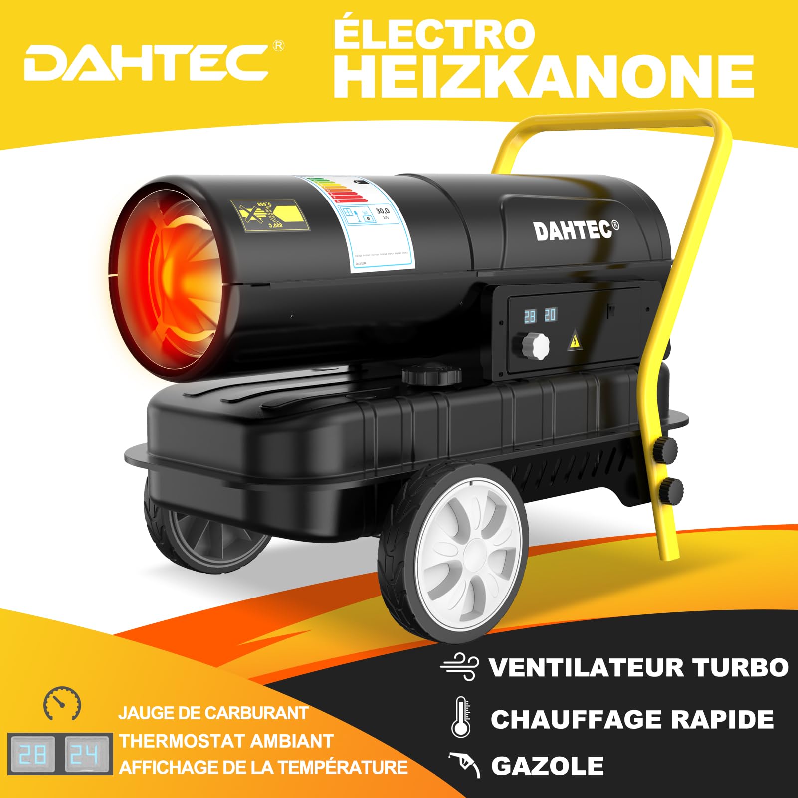 Chauffage Diesel Haute Performance 30 kW - Radiateur Industriel - Surface Chauffée : 320 à 420 m² - Thermostat Réglable & Indicateur de Niveau d'huile - Pour Ateliers, Chantiers, Agricole