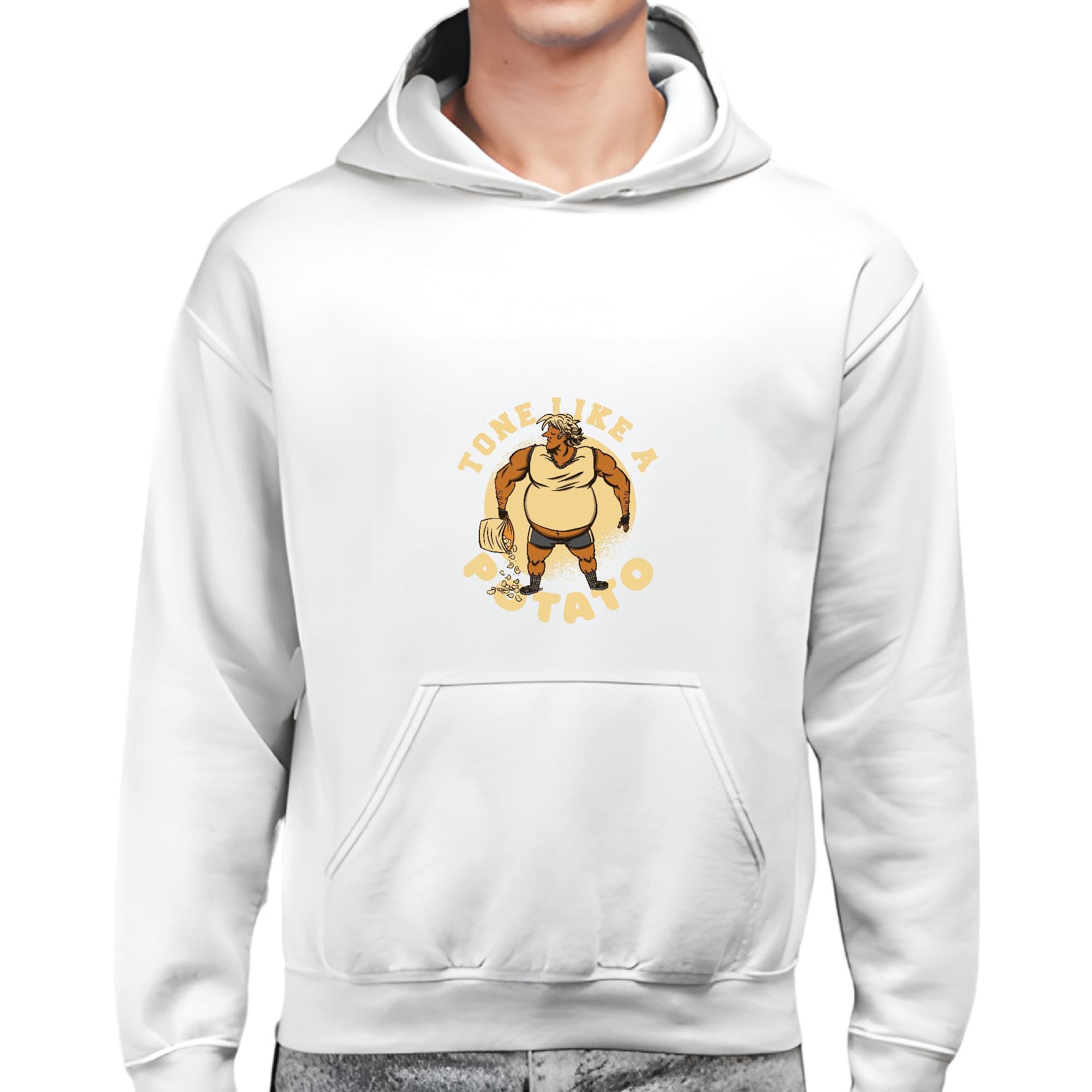 Gift for Bodybuilder Man with Fat Belly Tone Like a Potato Quote Present for Fitness Enthusiasts Gray and Muticolor Unisex Hoodie