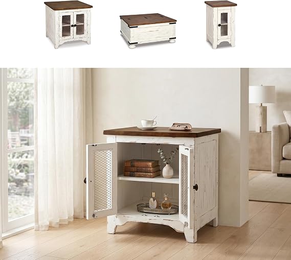 Signature Design by Ashley Wystfield Farmhouse End Table with Storage, Distressed White & Brown Finish