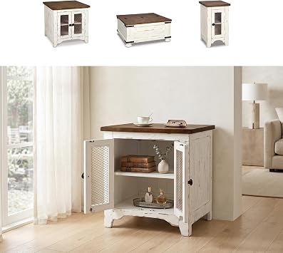Signature Design by Ashley Wystfield Farmhouse End Table with Storage, Distressed White & Brown Finish