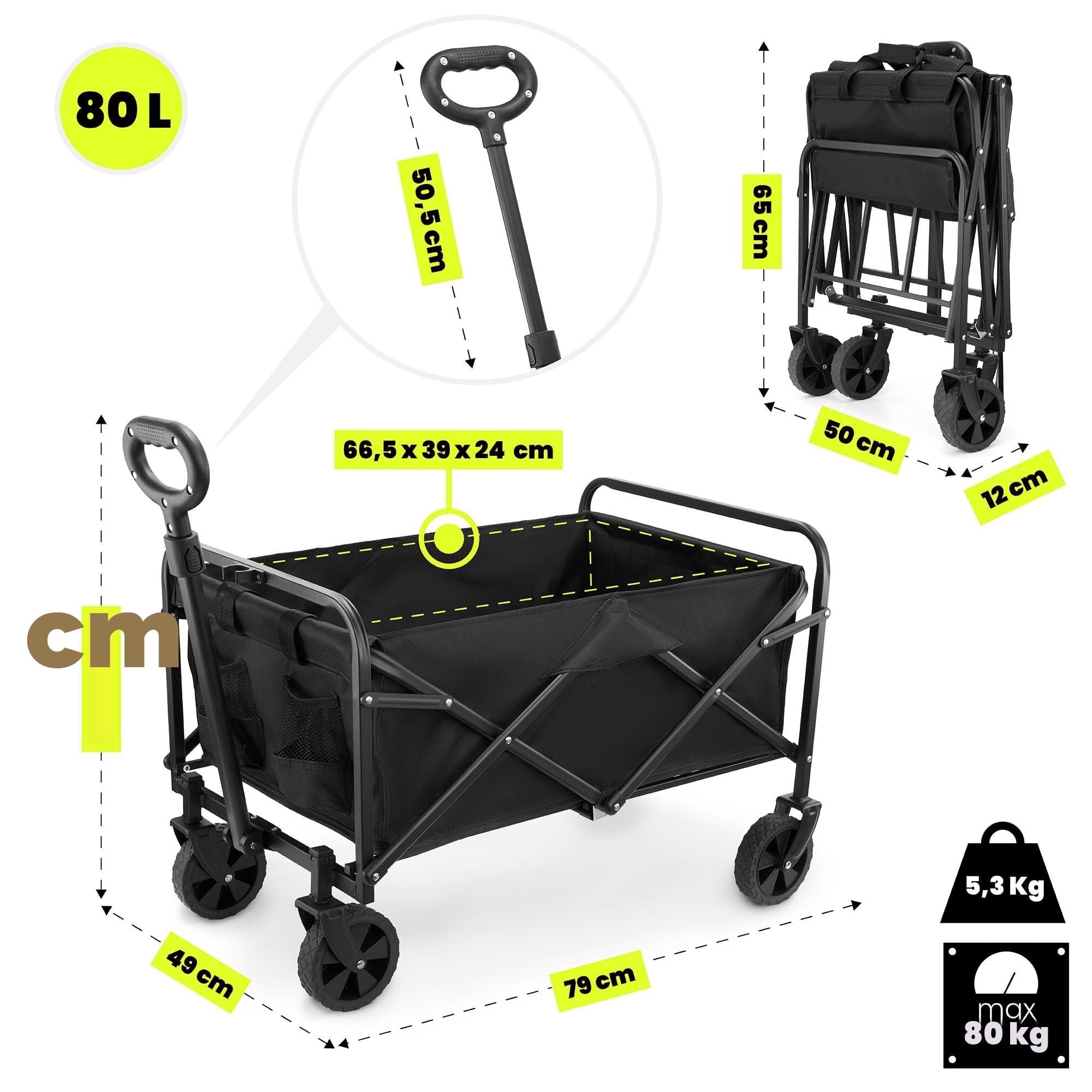 HyperMotion Carrello Pieghevole con Ruote Portatutto 80L, Carrello da Giardino e Campeggio in Acciaio, 79x49x92 cm, Chiusura Rapida, 4 Ruote Girevoli, Nero
