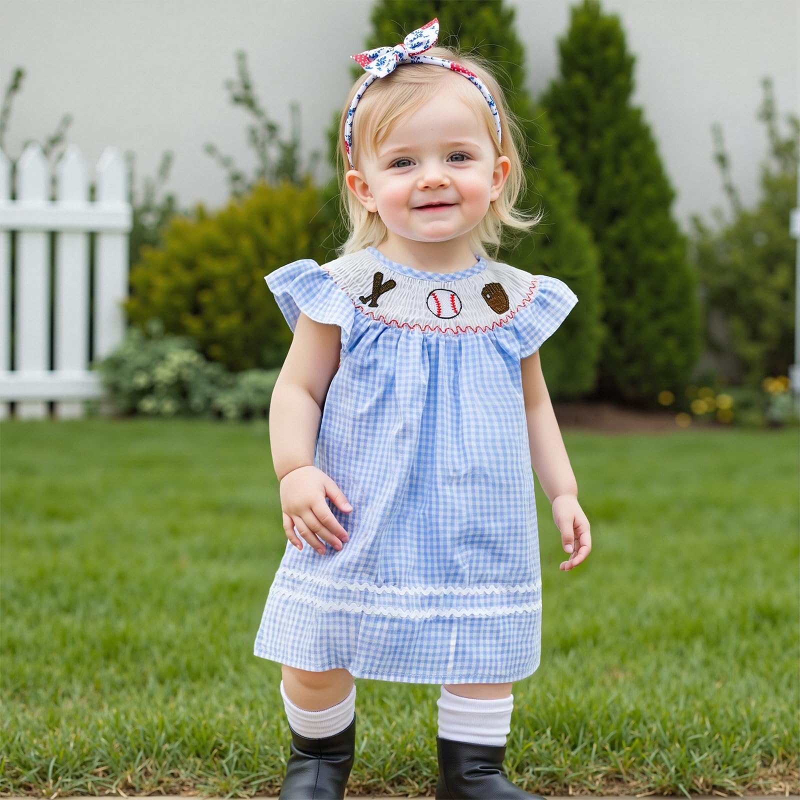 Toddler Baby Girl Baseball Dress Embroidery Plaid Ruffle Sleeveless Smocked Dresses Summer Casual Sundress Outfit (Blue, 12-18 Months)