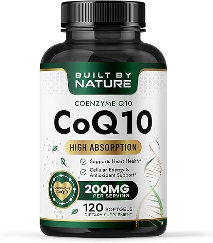 Built by Nature CoQ10 - Suplemento de coenzima Q10 de alta absorción con aceite de coco MCT - Promueve la salud del corazón, energía celular y apoyo