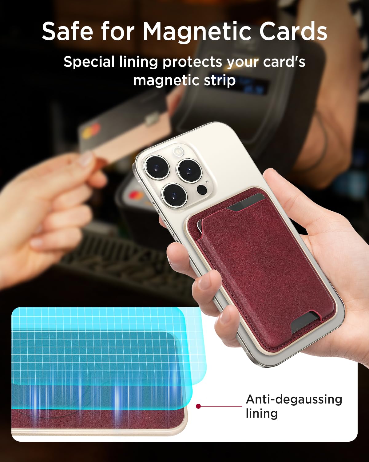 Miimall Porte Cartes Magnet pour iPhone 17 16 15 14 13 12 Séries/Google Pixel 10 9 Séries, Accueille 3 Cartes, PU Cuir Léger Ultra-Fine Chic, Compatible avec Mag-Safe Porte Cartes Magnétique, Rouge
