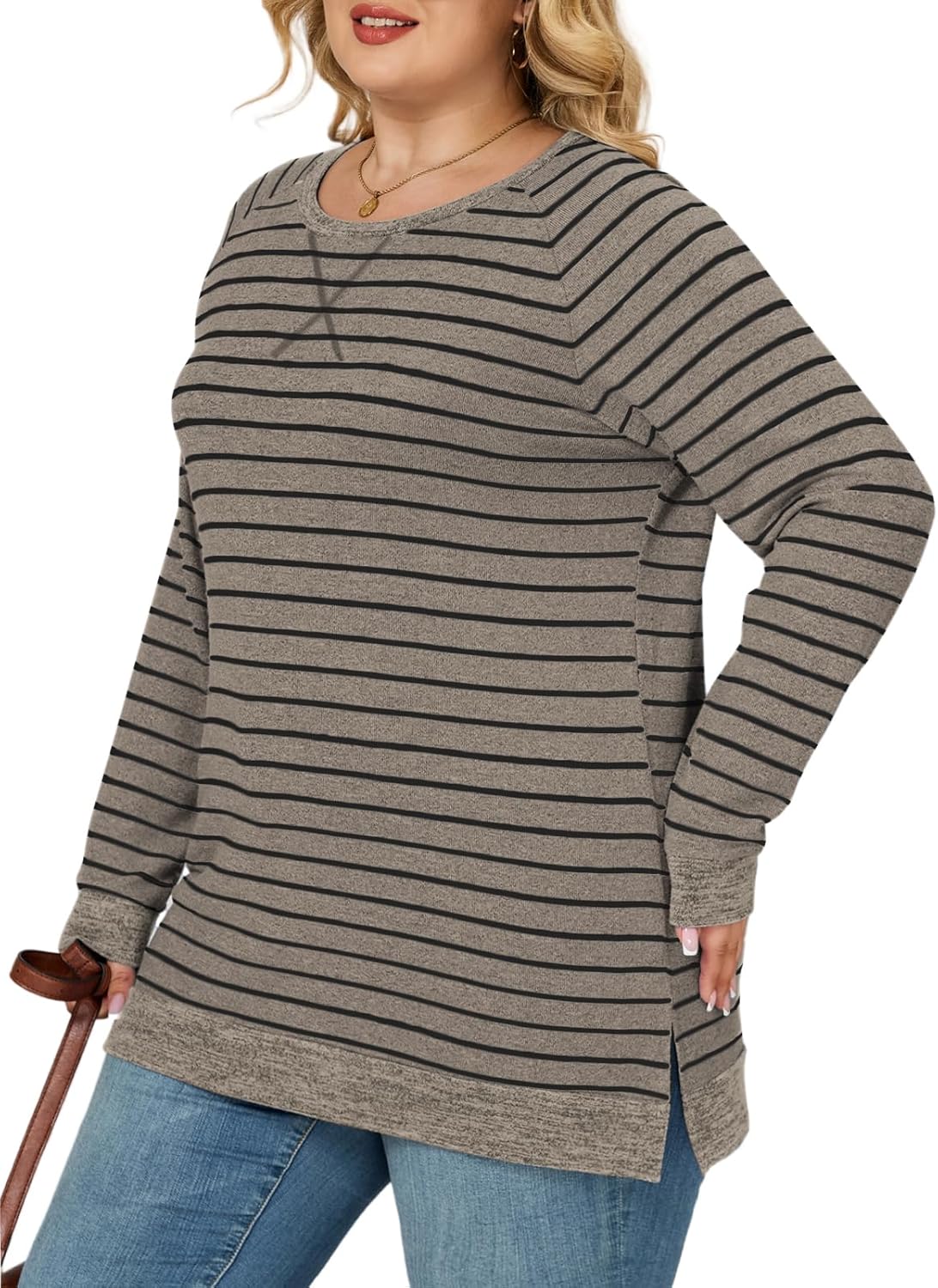 VISLILY Womens-Plus-Size-Sweatshirts Trendy Striped Color Block Tops Casual Raglan Long Sleeve Shirts Side Split Hem Tunics - Image 3