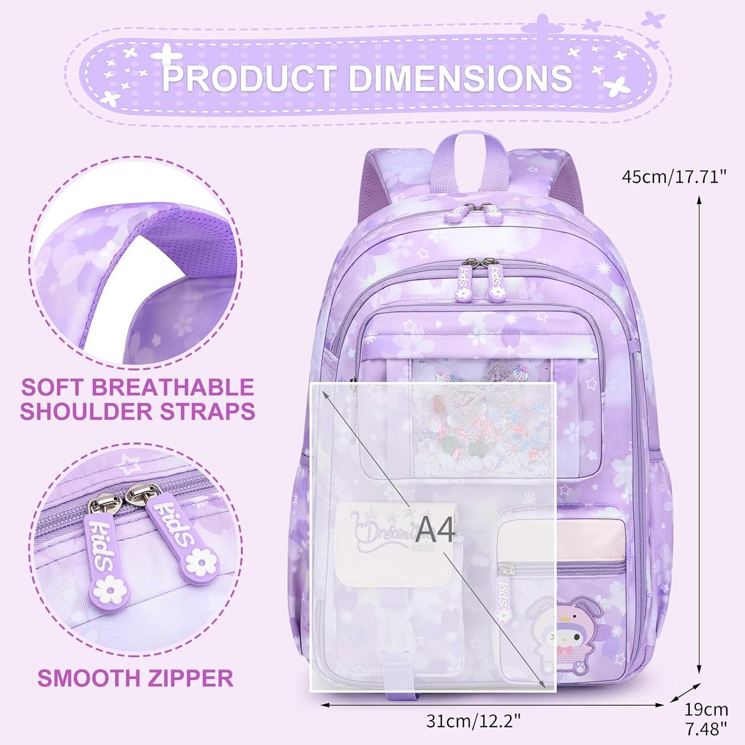 Kawaii Backpack Girls 17 Inch Purple