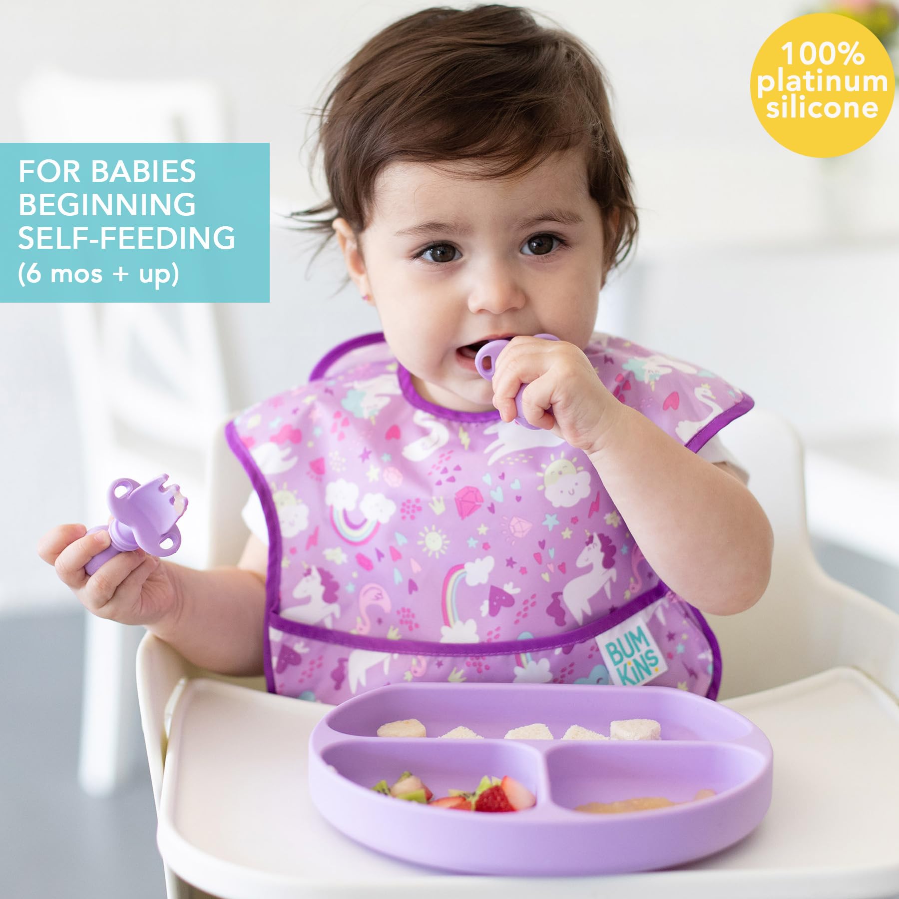 Bumkins Silicone Grip Dish 3-Section, Silicone Training Chewtensils & Lid, Purple