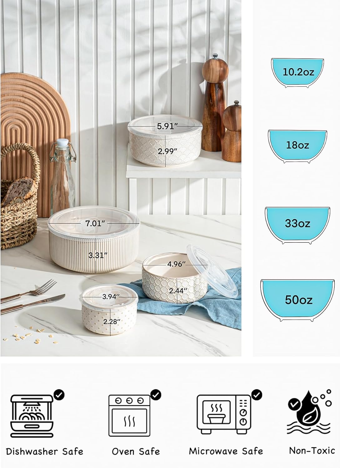 Mixing Bowls with Lids Set of 4, Ceramic Nesting Bowls, Embossed Mixing Bowl Set for Food Storage, Prep Bowl, Gift, Microwave and Dishwasher Safe, 10/18/33/50 OZ, Off-White