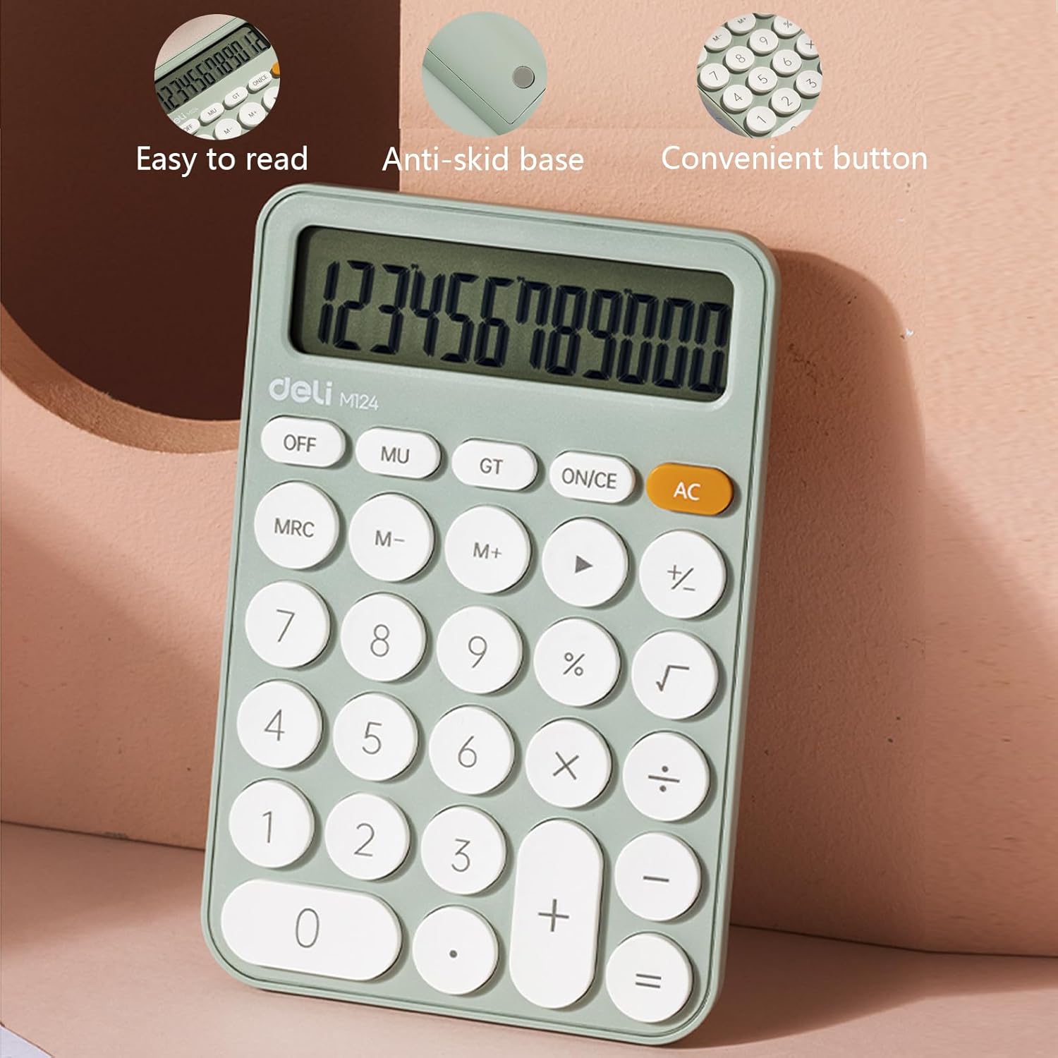 deli M124 Calculator highlighting easy-to-read display, anti-skid base, and convenient buttons