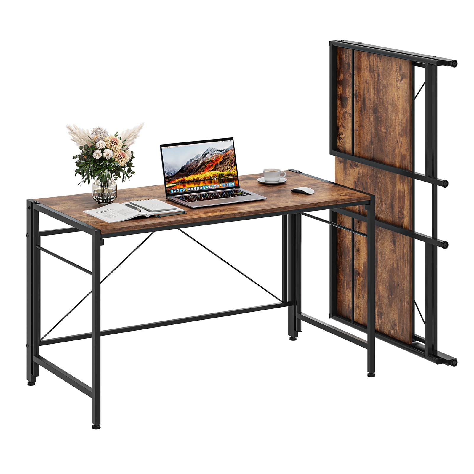 Dripex Folding Desk 110 x 50 cm Foldable Computer Desk, Space-Saving Writing Table with Metal Frame, Home Office Workstation for Study, Bedroom and Gaming, Easy Assembly, Rustic Brown