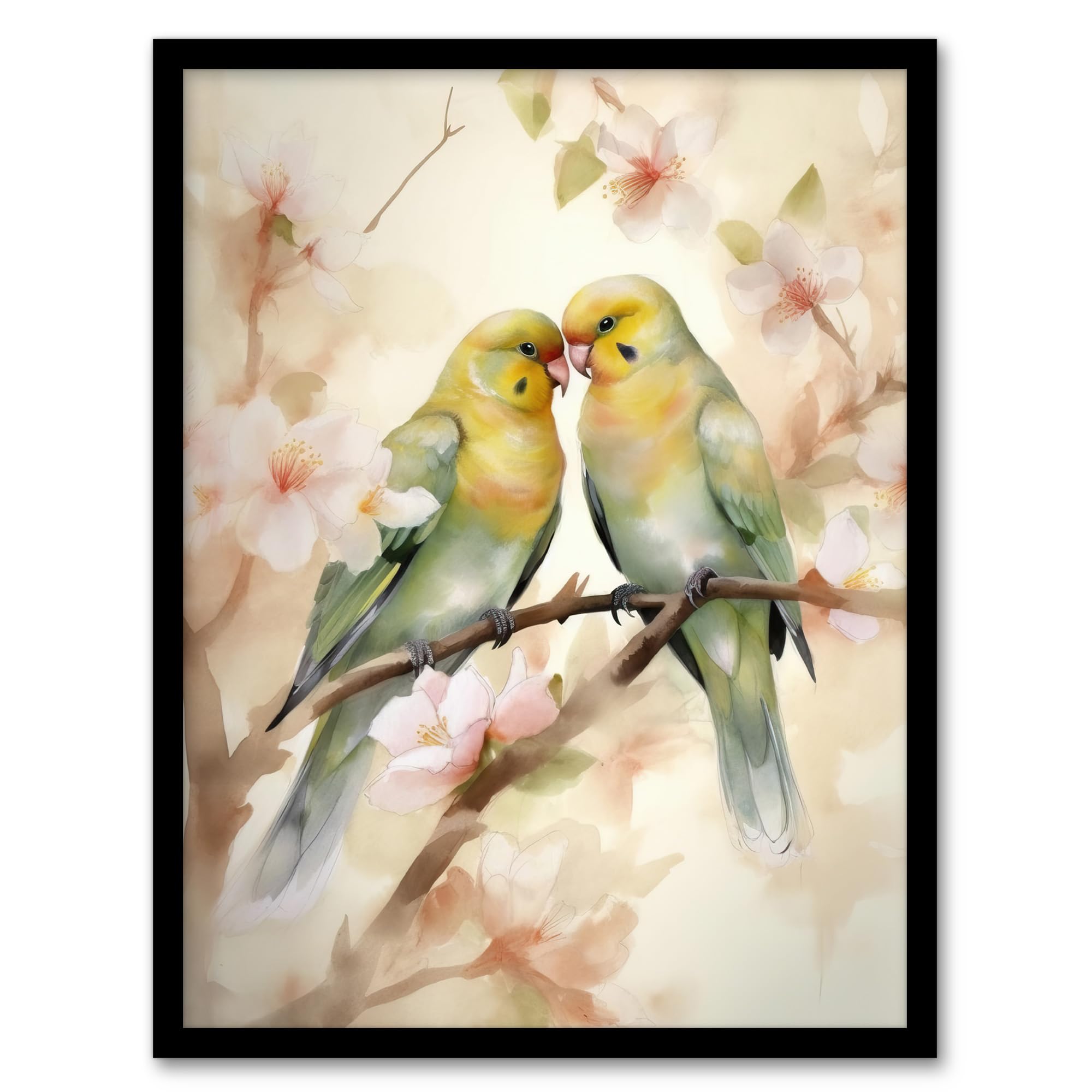 B&Q -  Two Lovebirds Cherry Blossom Watercolour Pair Perched Wall Art PrintA4 Size