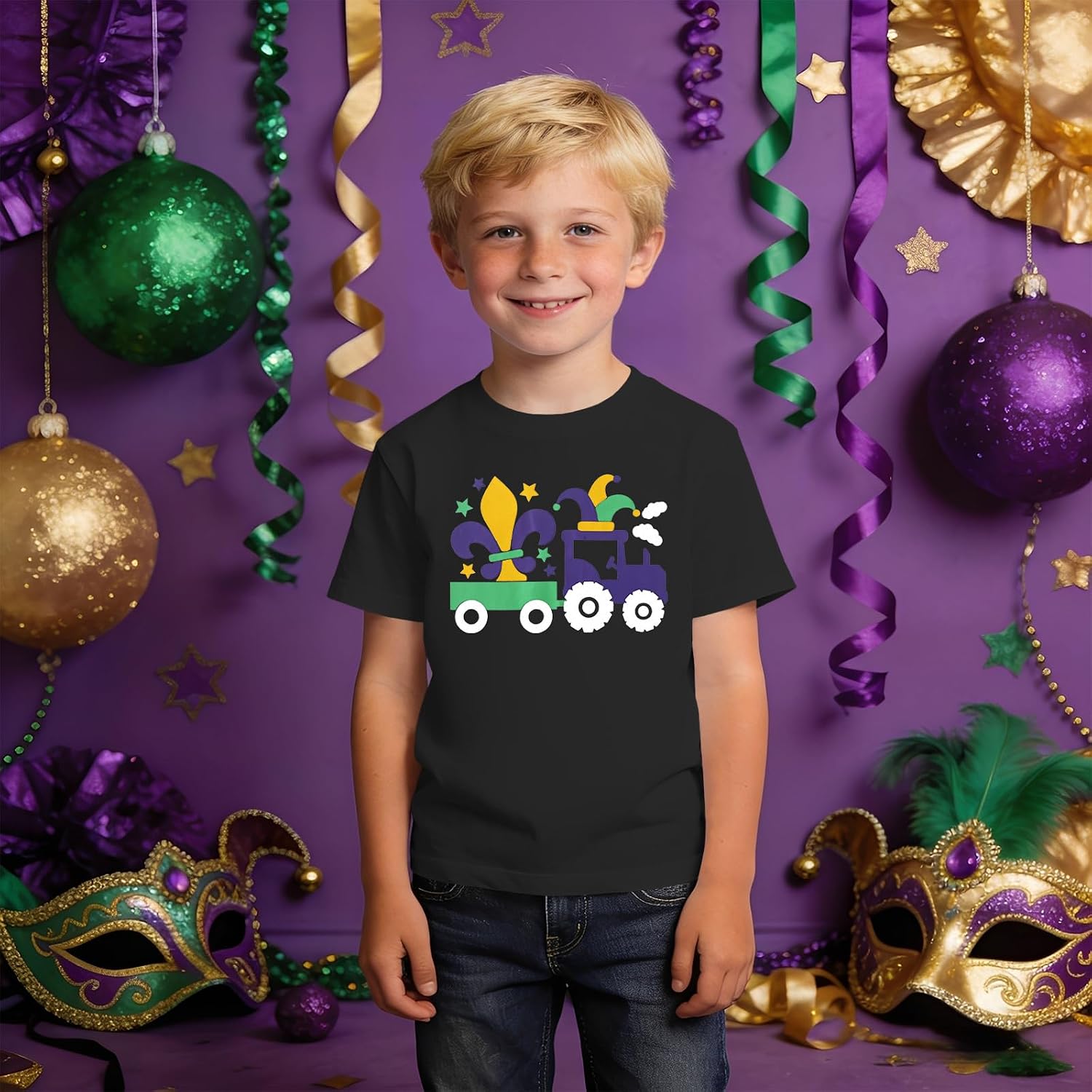 MODNTOGA Kids Boy Mardi Gras T-Shirt Short Sleeve Truck Print Fat Tuesday Crewneck Tee Shirt Toddler New Orleans Party Tops