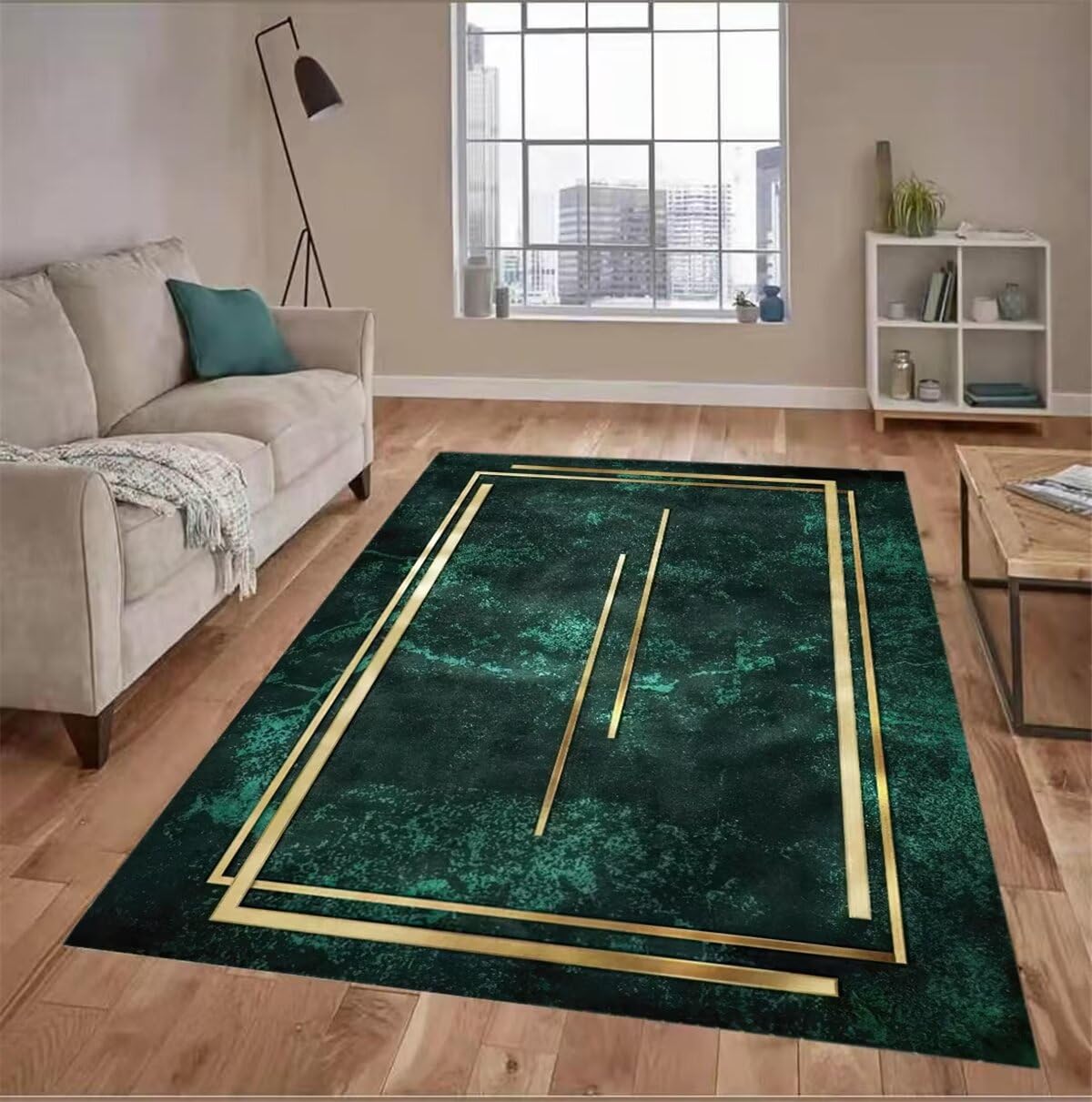 Tapis de chambre lavable vert pour créer un coin lecture cosy sous le bureau