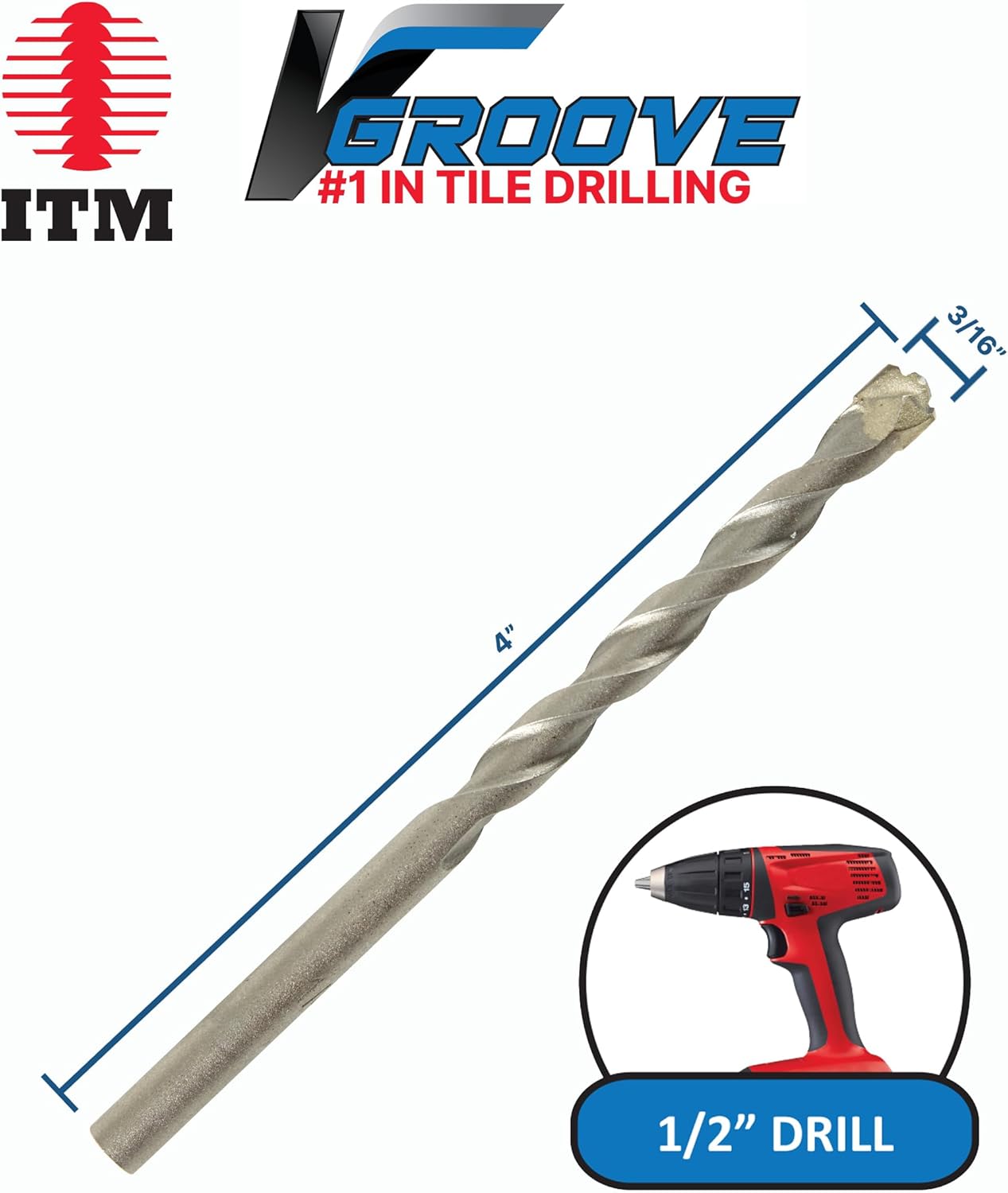 ITM V-GROOVE - VG-4002B - 3/16" X 4" - 25 Pack - Porcelain Tile Drill Bits - Carbide Tipped Drill Bits for Porcelain, Ceramic, Marble, Stone and Glass Tile