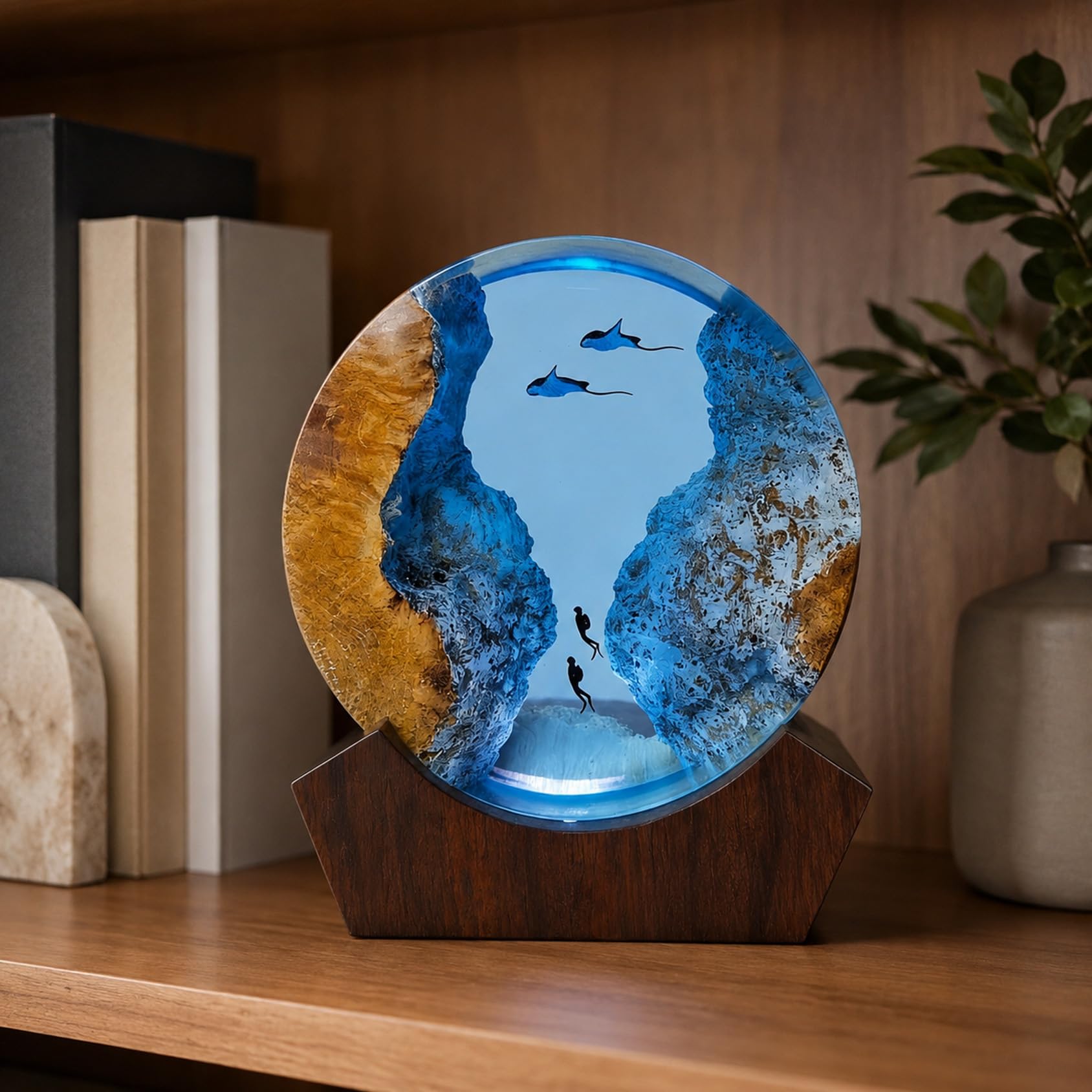 Drawelry 3D Runde Epoxidharz Nachtlicht Ornamente mit Holzsockel Harz Lampe, Kunsthandwerk Weltraum Tiefsee Dschungel Landschaft Tischlampe, Heim Büro Bücherregal Nachttisch Deko (Manta)