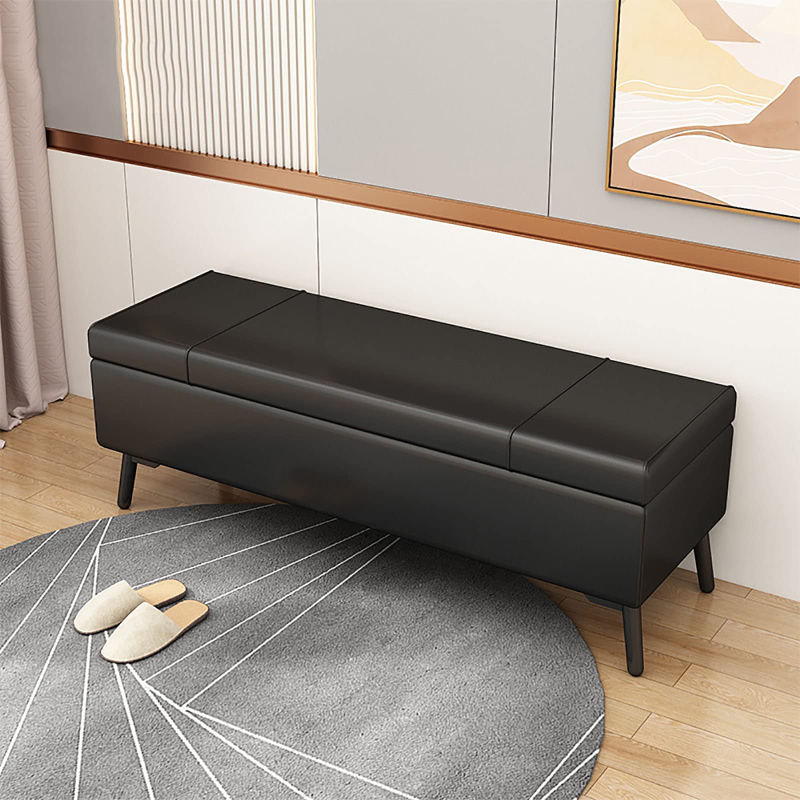 Banc de rangement en simili cuir pouf moderne 90cm avec pieds en métal