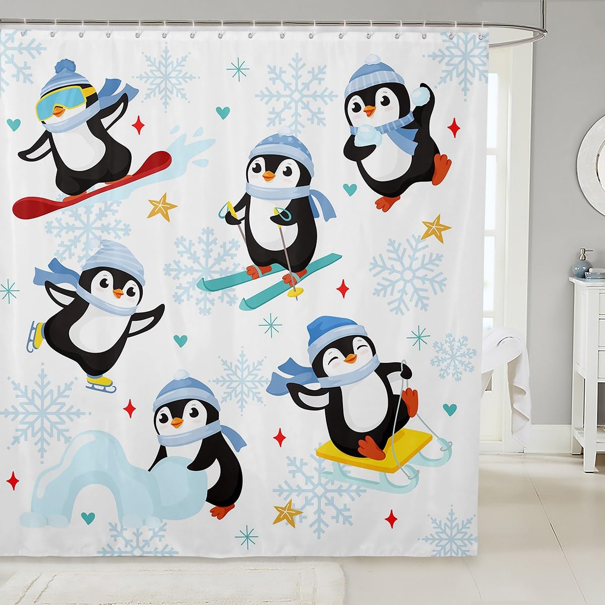 Castle Fairy Cute Cartoon Skiing Penguin Fabric Shower Curtain,Winter Snowflake New Year Shower Curtain for Bathroom,Merry Christmas Theme Waterproof Shower Curtain,72 Inch Long